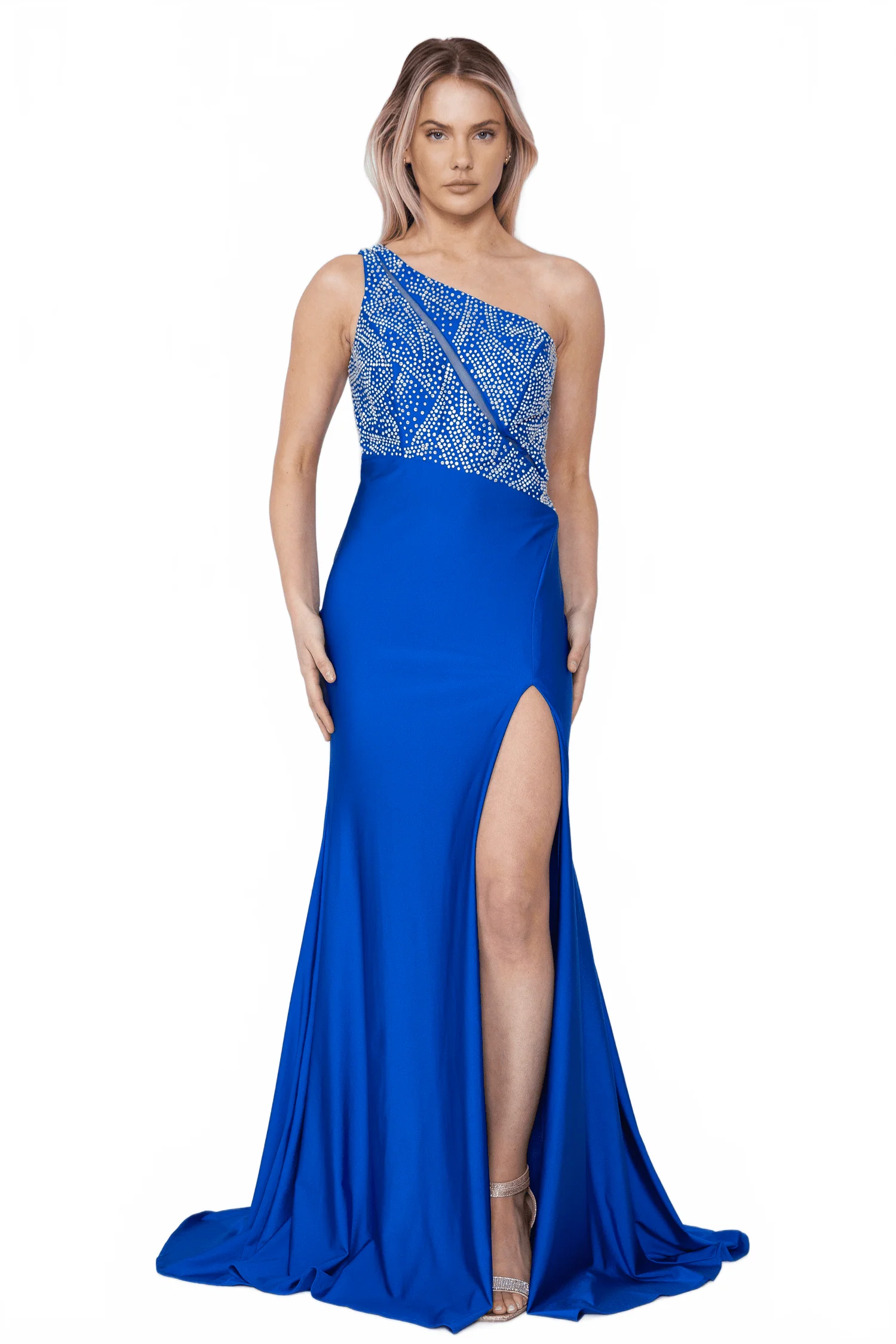 Poly USA 9116 Fitted One Shoulder Rhinestone Gown - Image 7