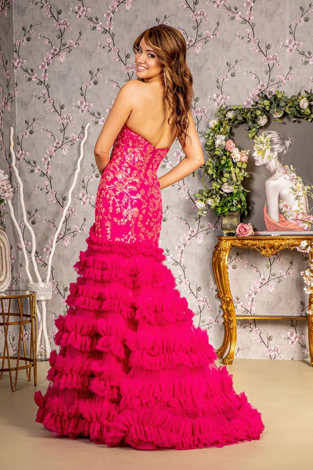 Fitted Sequin Strapless Ruffled Slit Gown by GLS Gloria GL3315 - Image 2