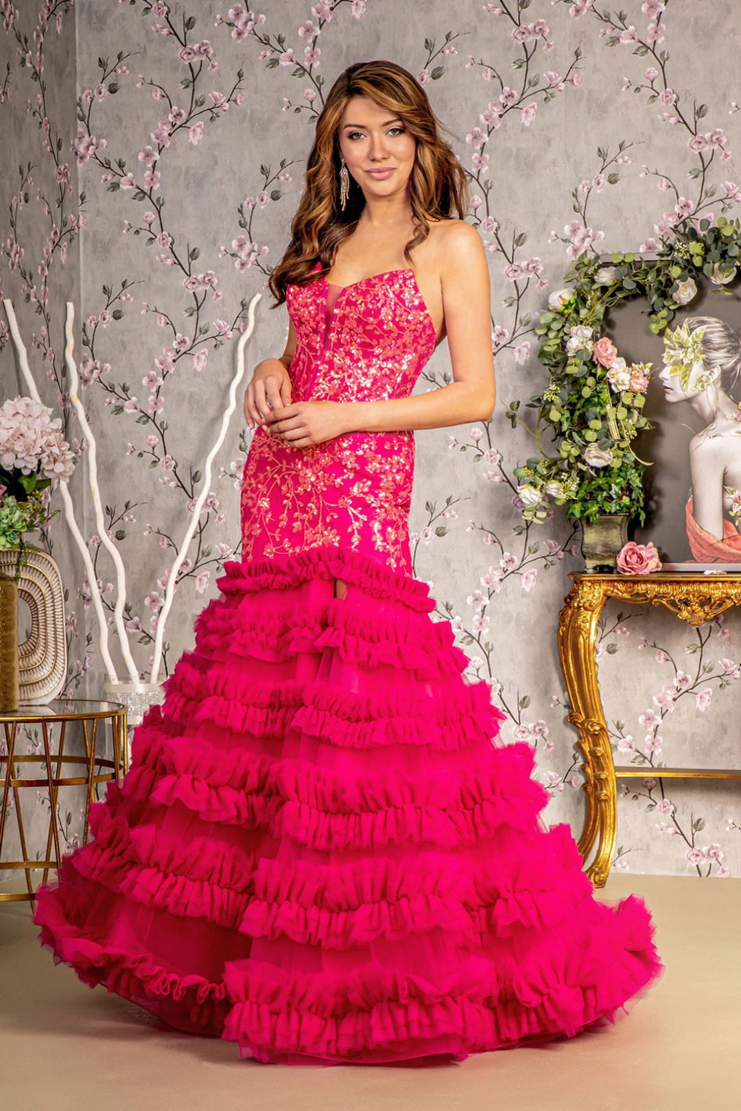 Fitted Sequin Strapless Ruffled Slit Gown by GLS Gloria GL3315 - Image 5