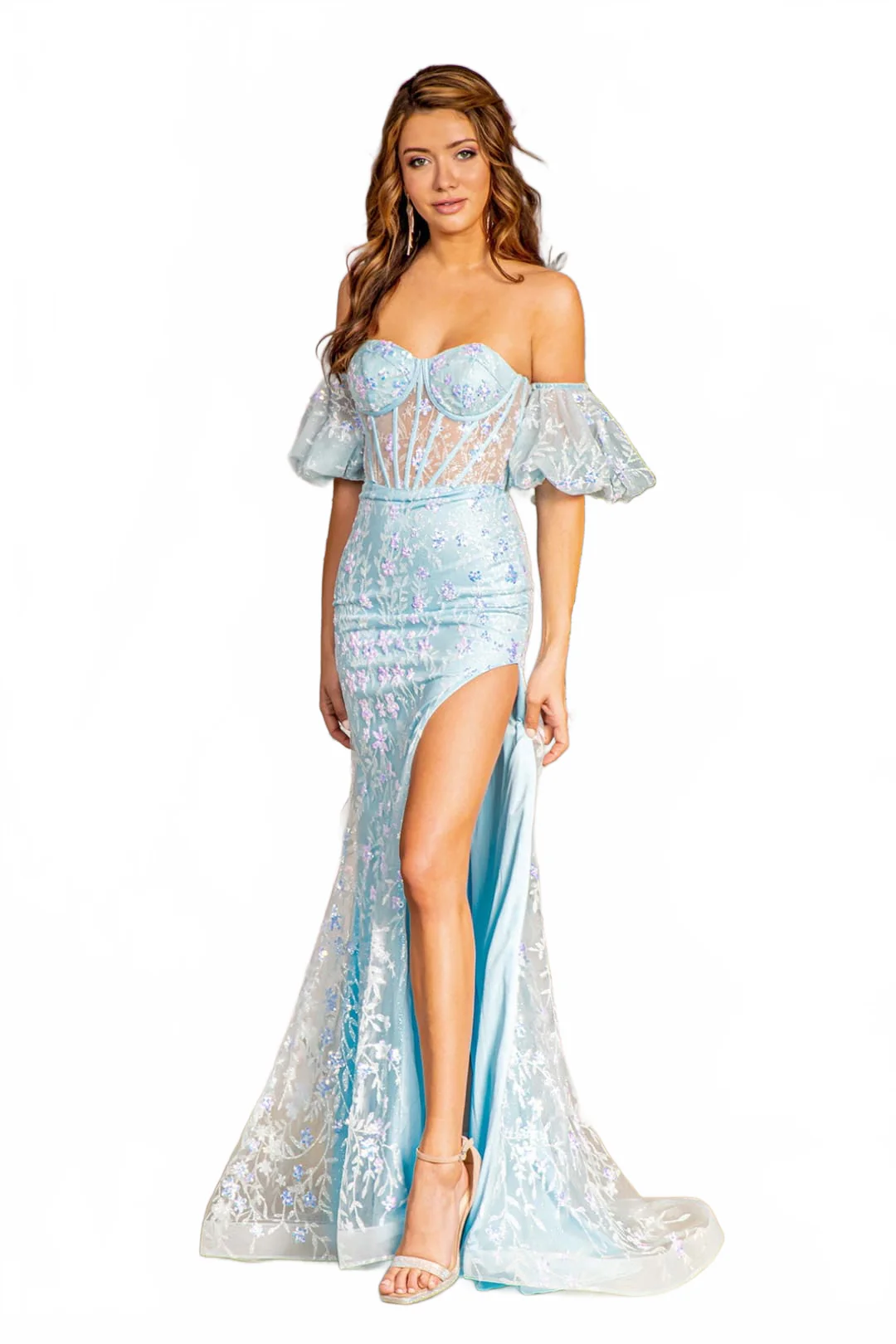 Fitted Strapless Puff Sleeve Slit Gown by GLS Gloria GL3247 - Image 5