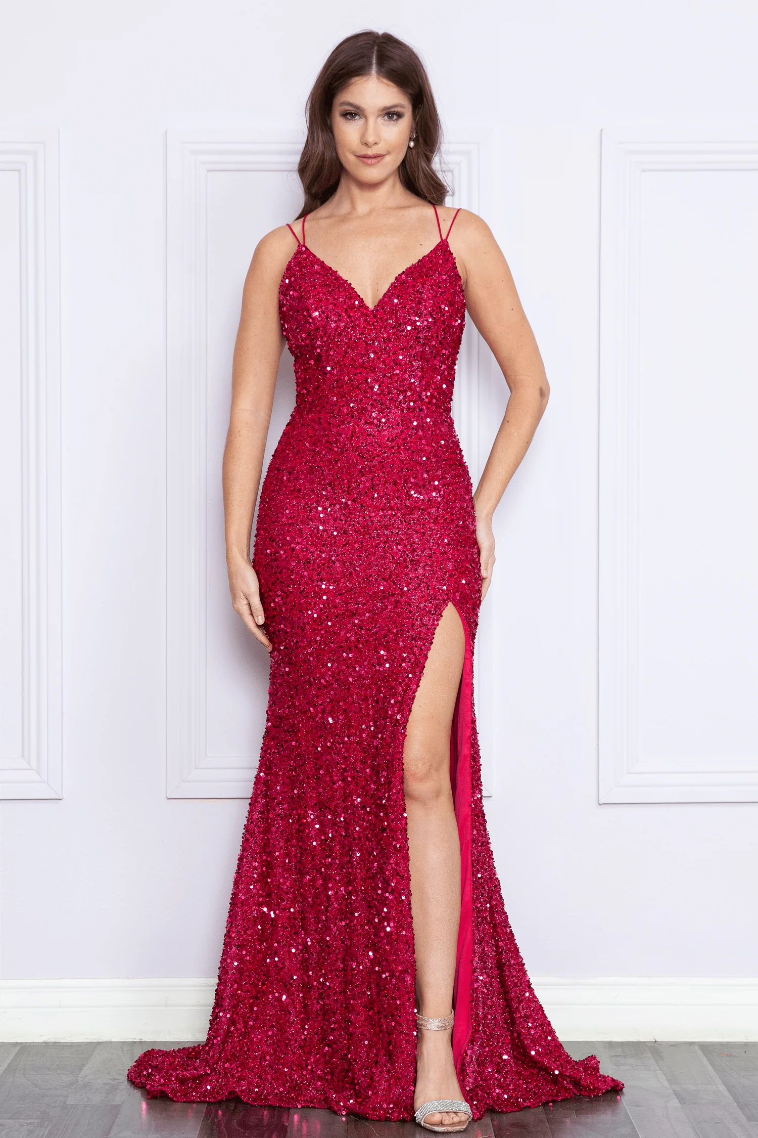 Poly USA 9102 Fitted V-Neck Sequin Slit Gown