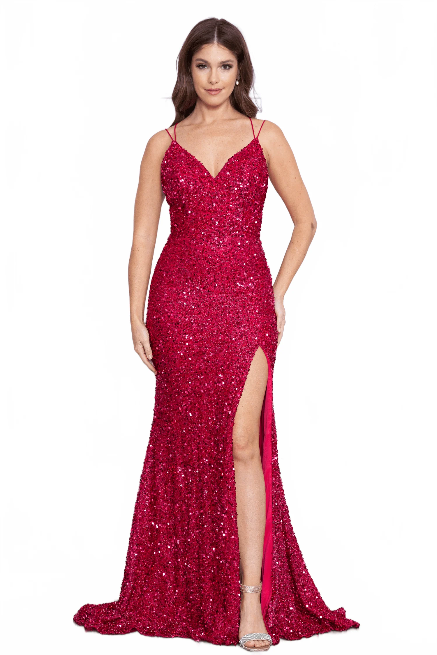 Poly USA 9102 Fitted V-Neck Sequin Slit Gown - Image 9