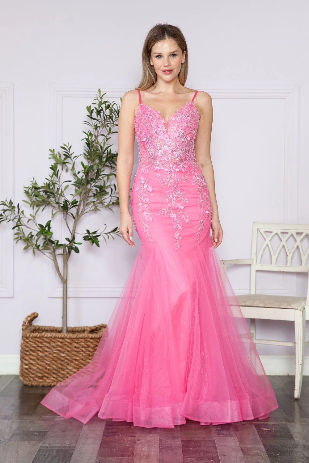 Poly USA 9374 Floral Applique Sleeveless Mermaid Dress