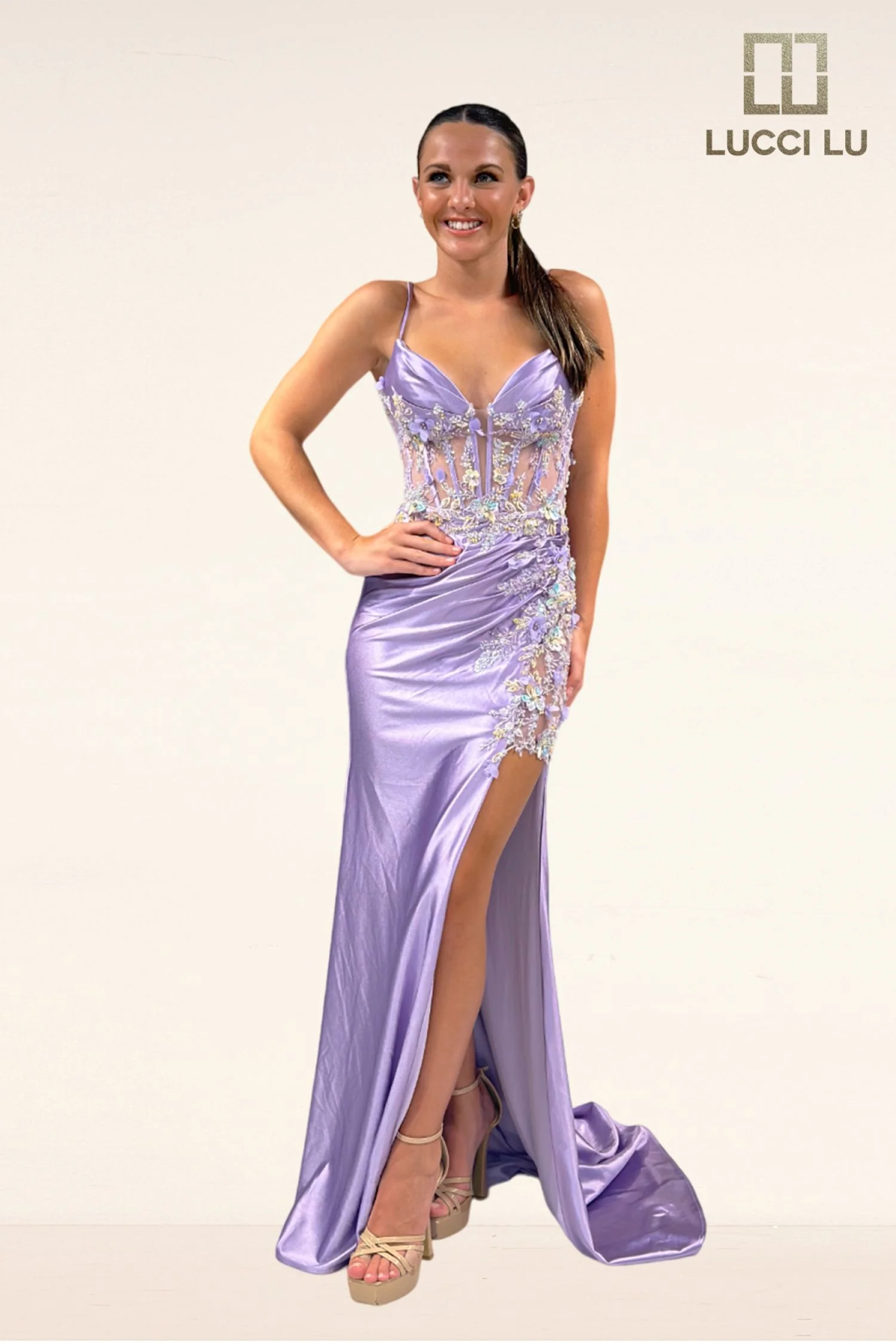 Floral Applique Sleeveless Slit Gown by Lucci Lu 1372 - Image 3