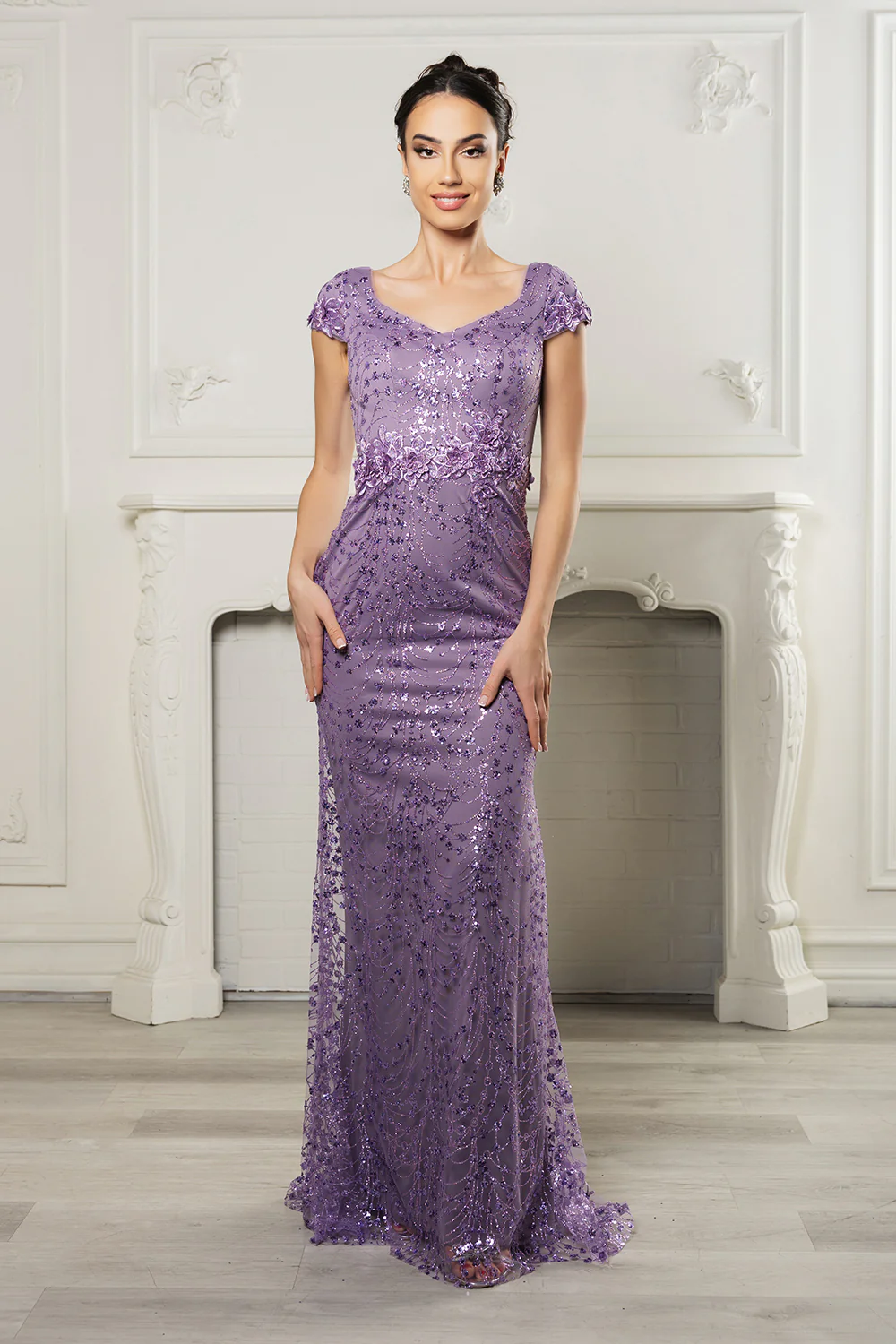 Floral Appliqued Long Mesh Formal Gown-New Collection - Image 13