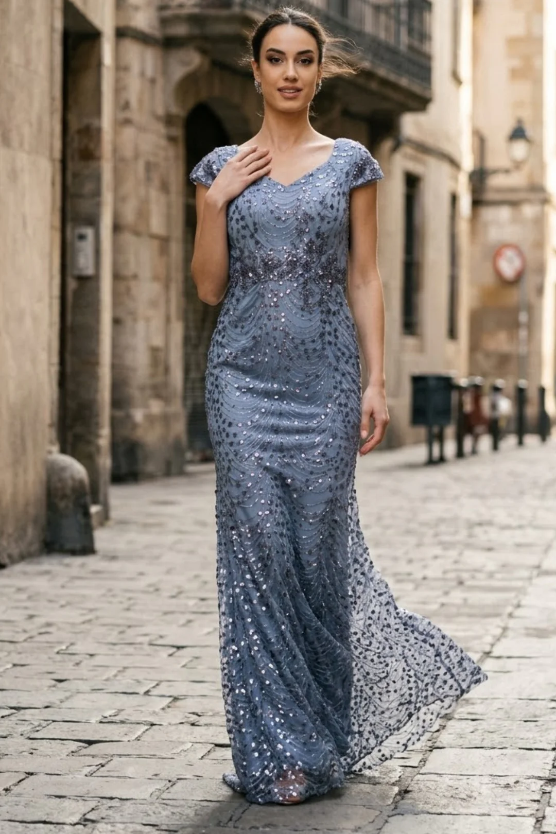 Floral Appliqued Long Mesh Formal Gown-New Collection - Image 4
