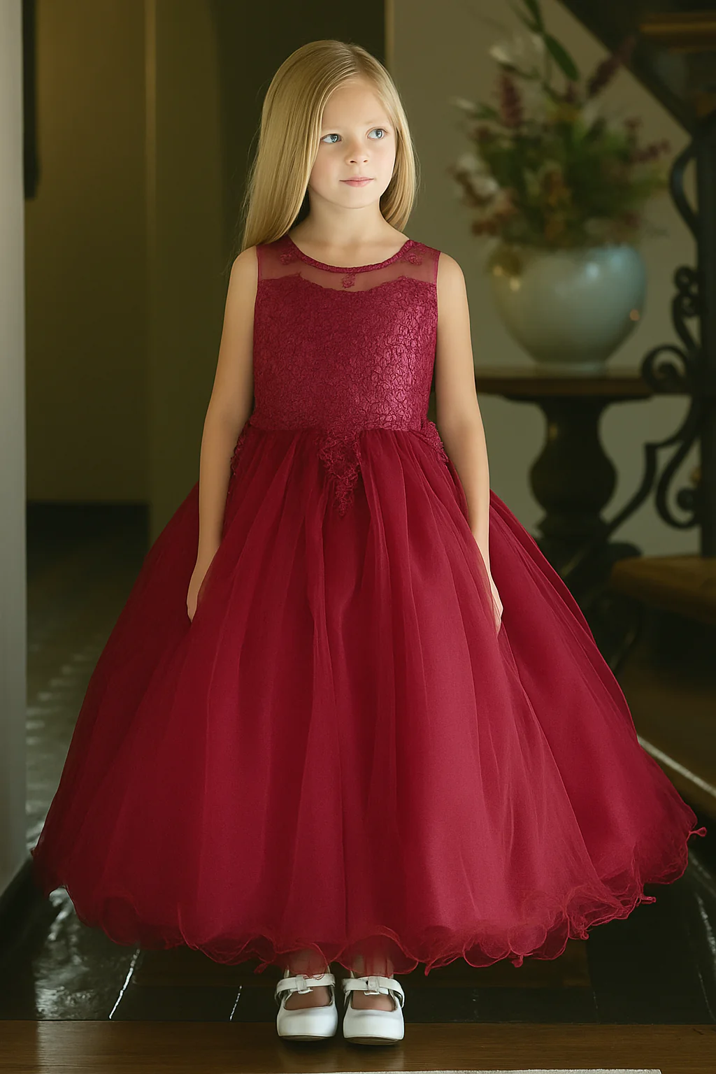 Flower Girl Dress Sleeveless Tulle A-line Skirt with Lace Appliqué Formal Kids Party Dress By AG5241 - Image 8