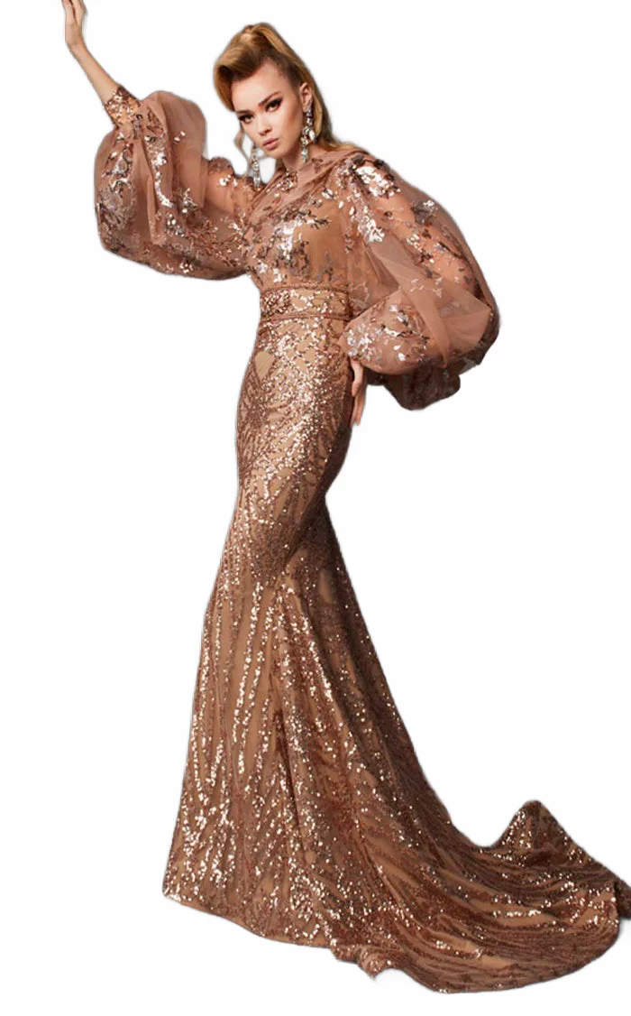 Fouad Sarkis 2637 Gold Sequined Puff Sleeve Mermaid Gown - Image 4