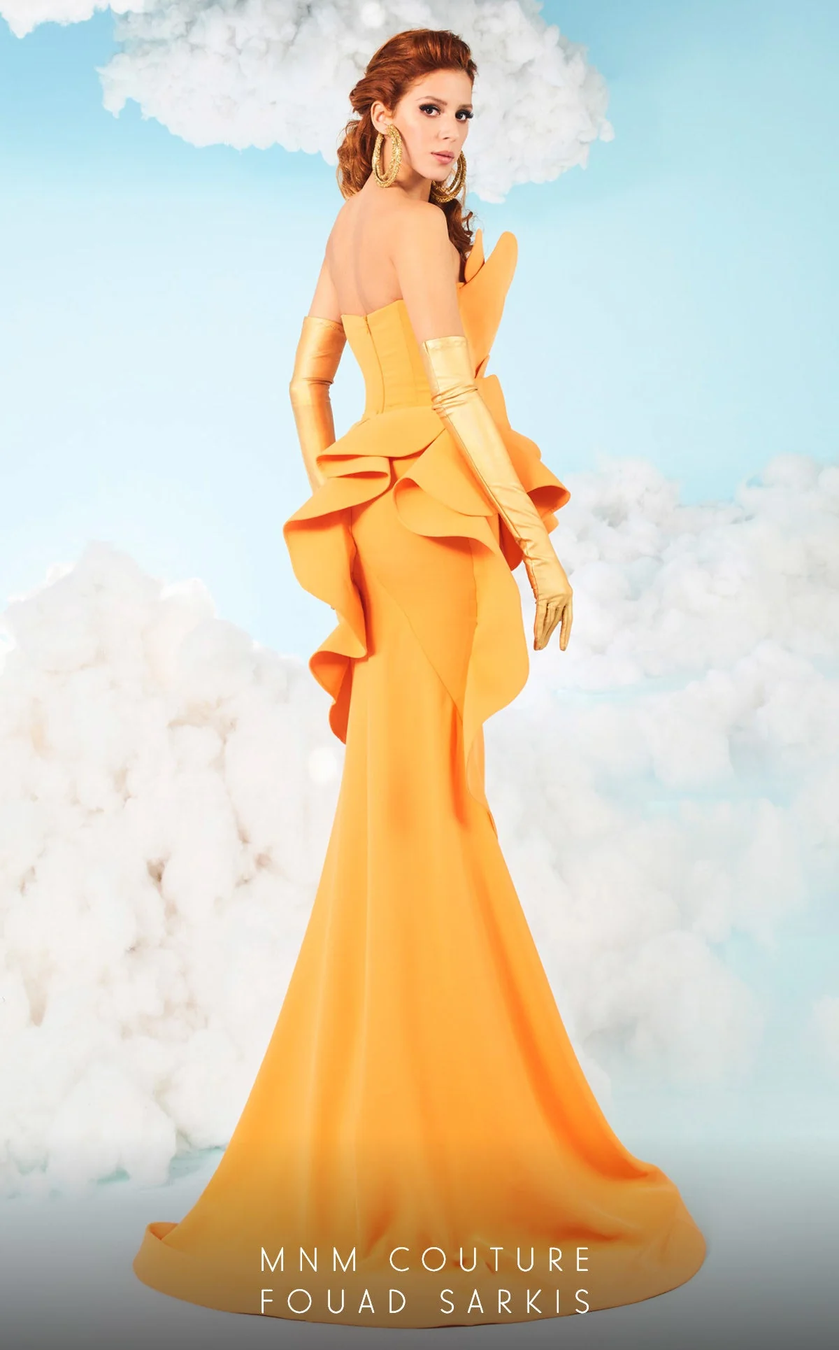 Fouad Sarkis 2647 Mustard Strapless Sculpted Ruffle Gown by MNM Couture - Image 6
