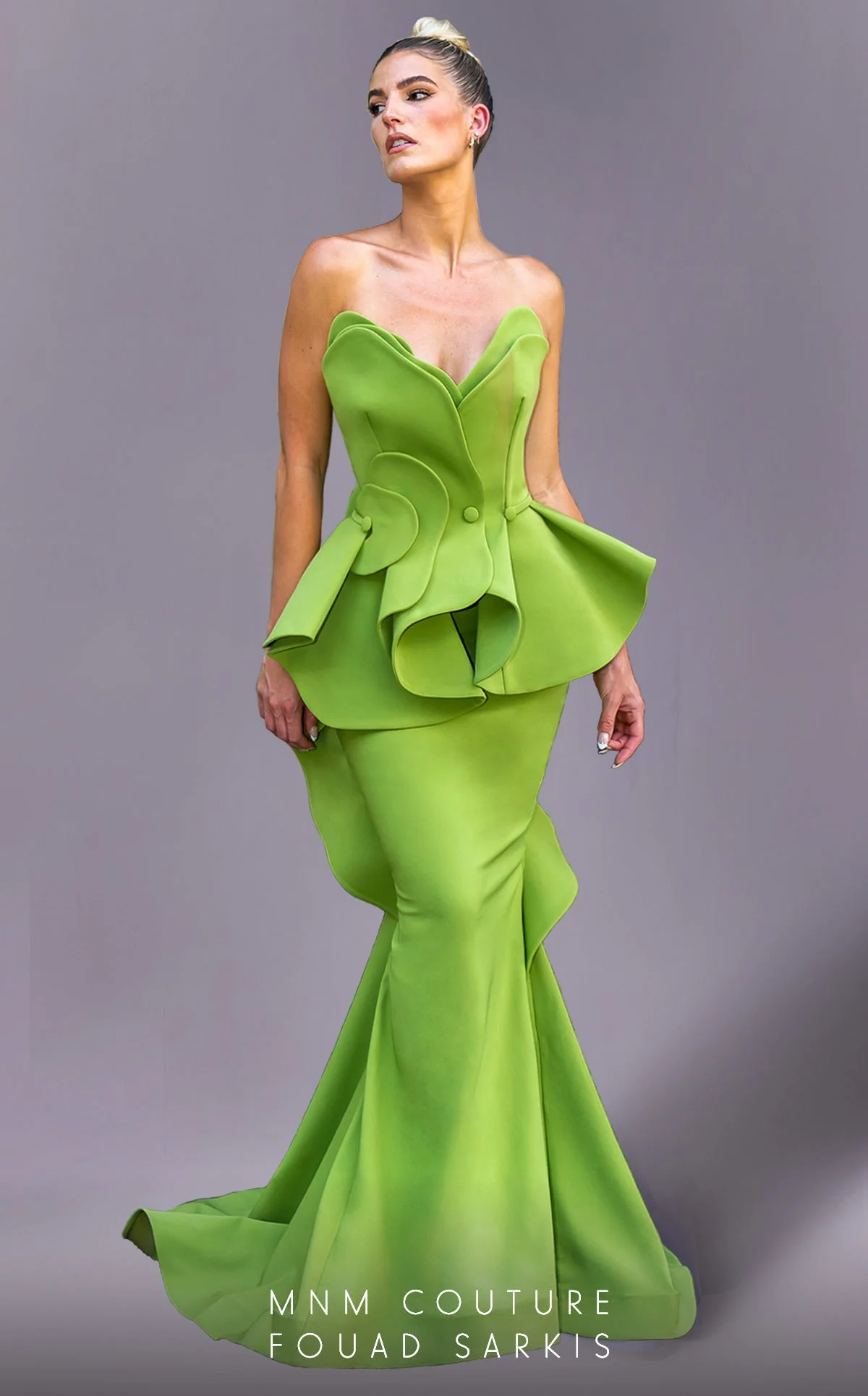 Fouad Sarkis 2647 Mustard Strapless Sculpted Ruffle Gown by MNM Couture - Image 8