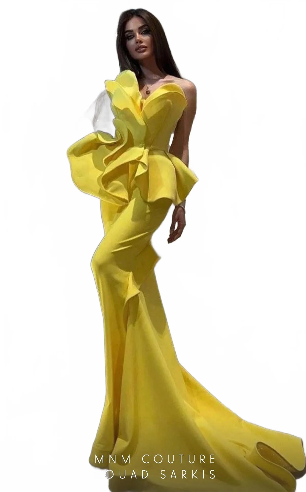 Fouad Sarkis 2647 Mustard Strapless Sculpted Ruffle Gown by MNM Couture - Image 9