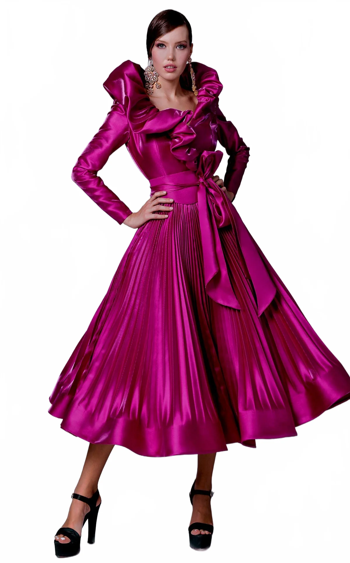 Fouad Sarkis 2696 Blue Ruffled Collar Satin Tea-Length Gown - Image 5