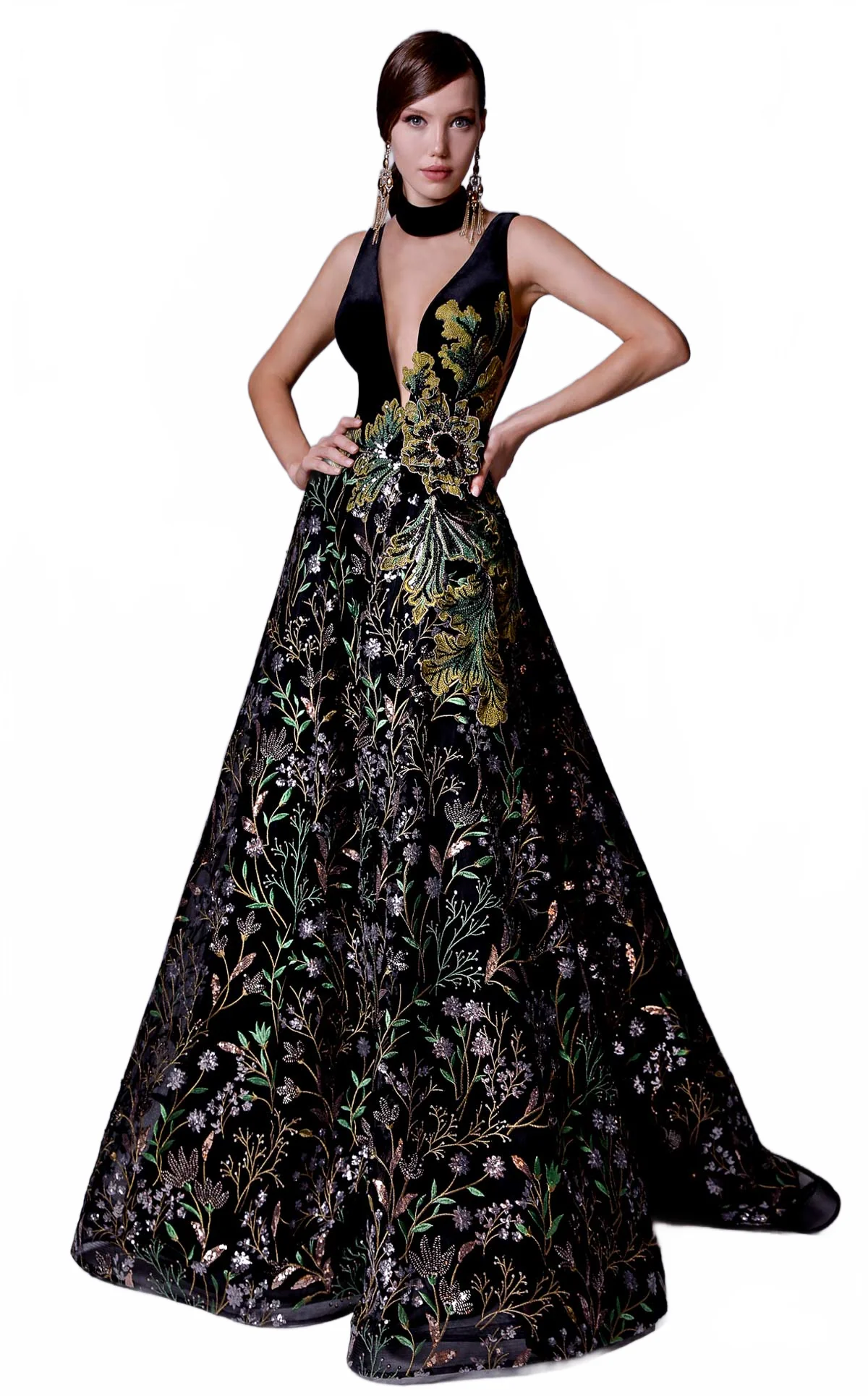 Fouad Sarkis 2707 Plunging Embroidered Ball Gown in Black - Image 5