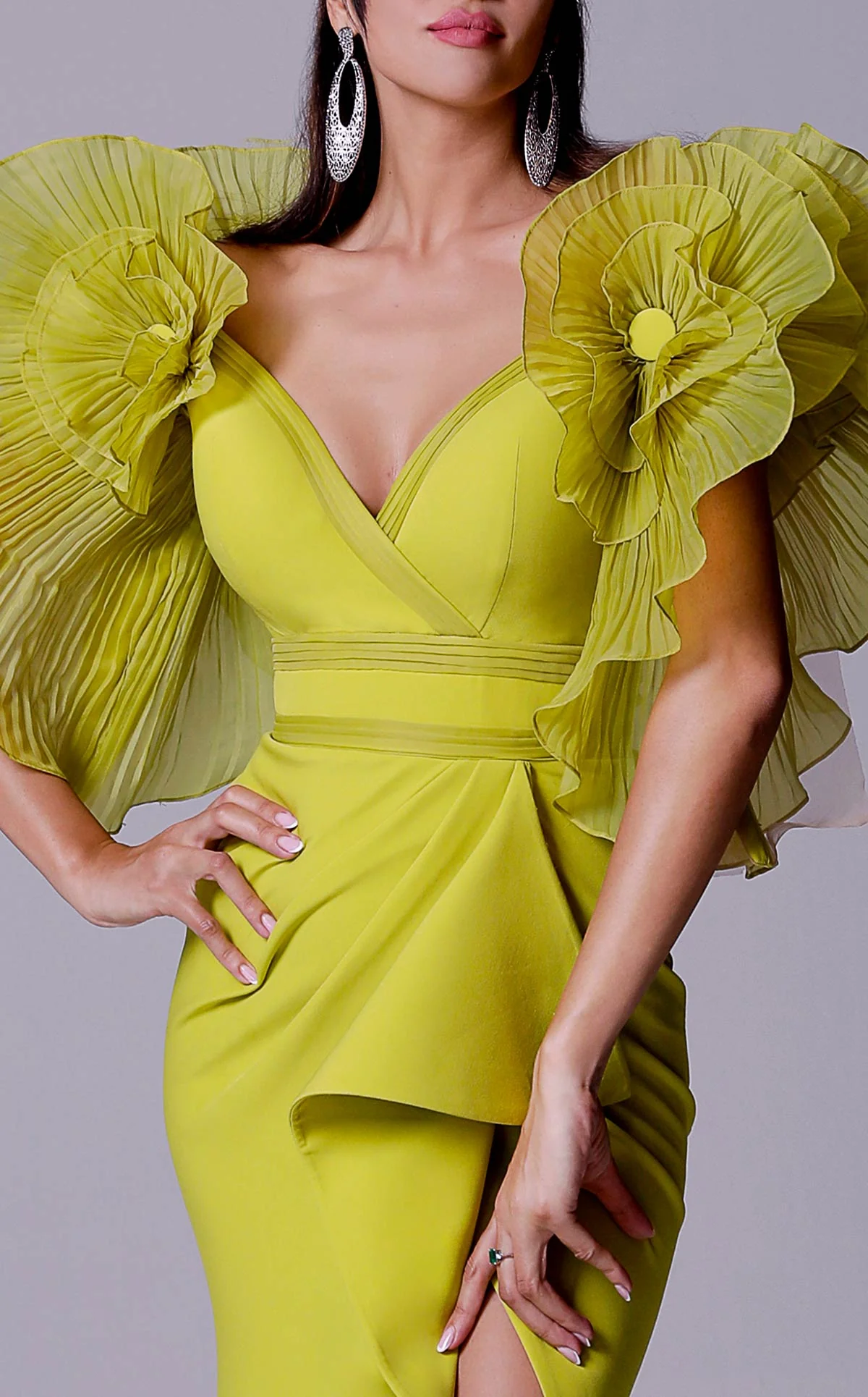 Fouad Sarkis 2712 Statement Ruffled Sleeve Slit Gown - Image 3