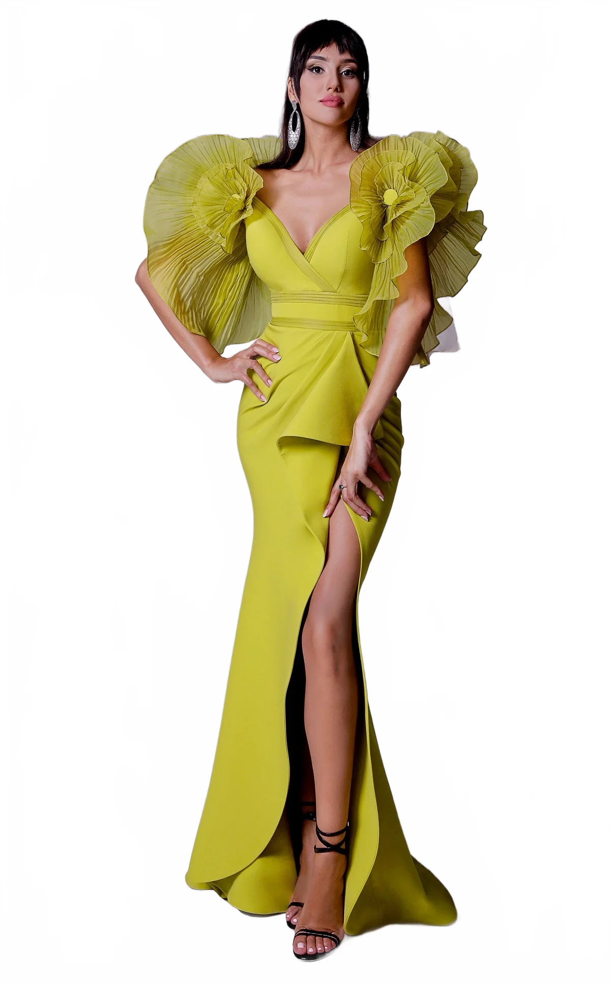 Fouad Sarkis 2712 Statement Ruffled Sleeve Slit Gown - Image 4