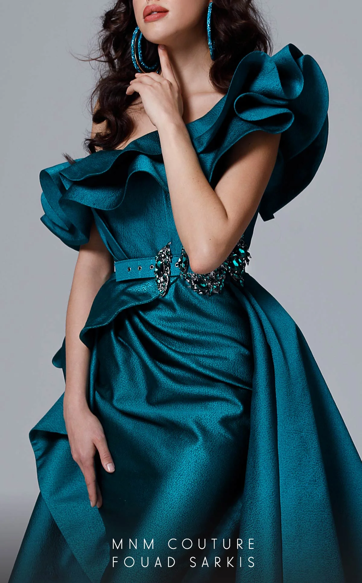 Fouad Sarkis 2727 Ruffled One-Shoulder Gown in Teal - Image 2