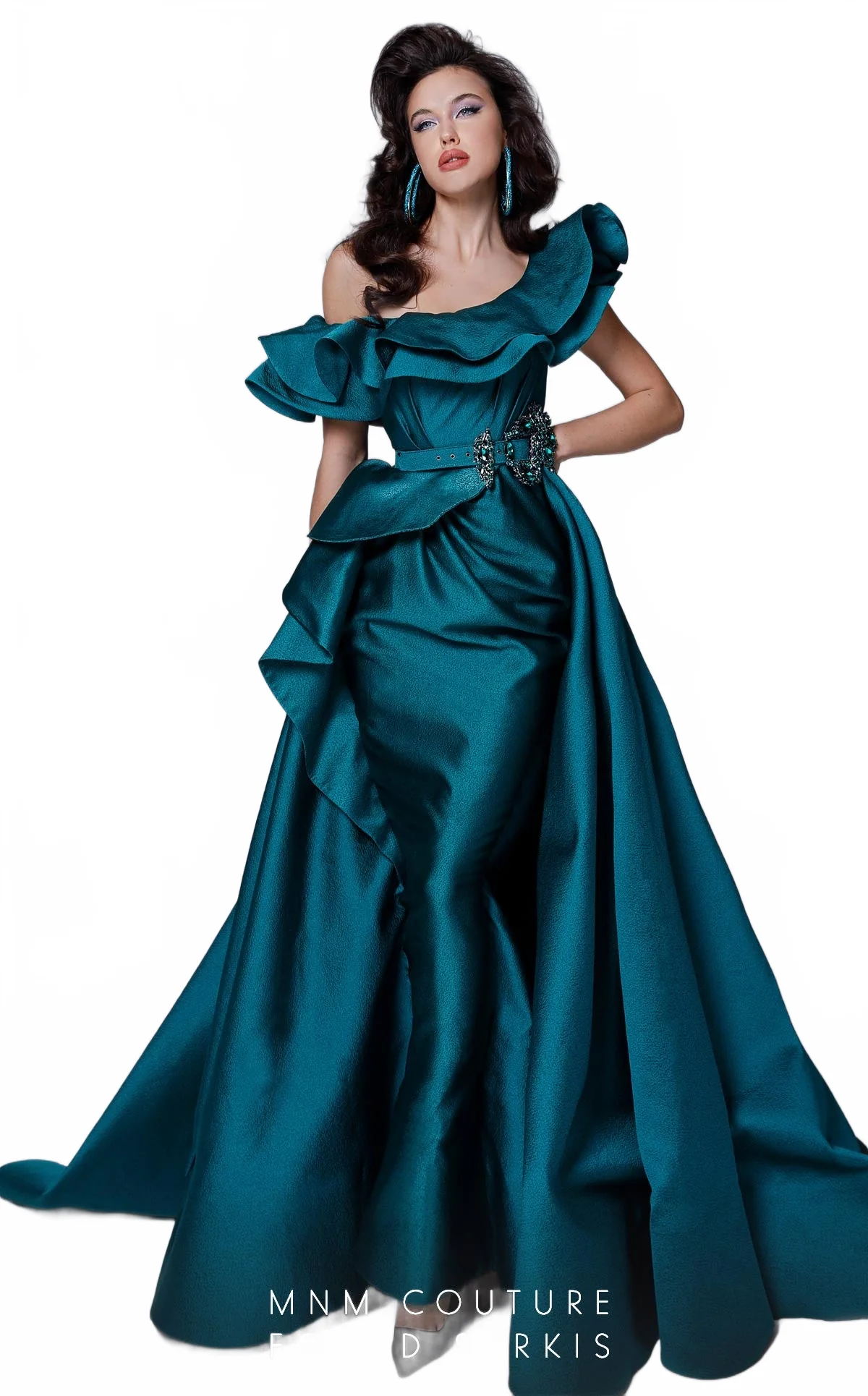 Fouad Sarkis 2727 Ruffled One-Shoulder Gown in Teal - Image 3