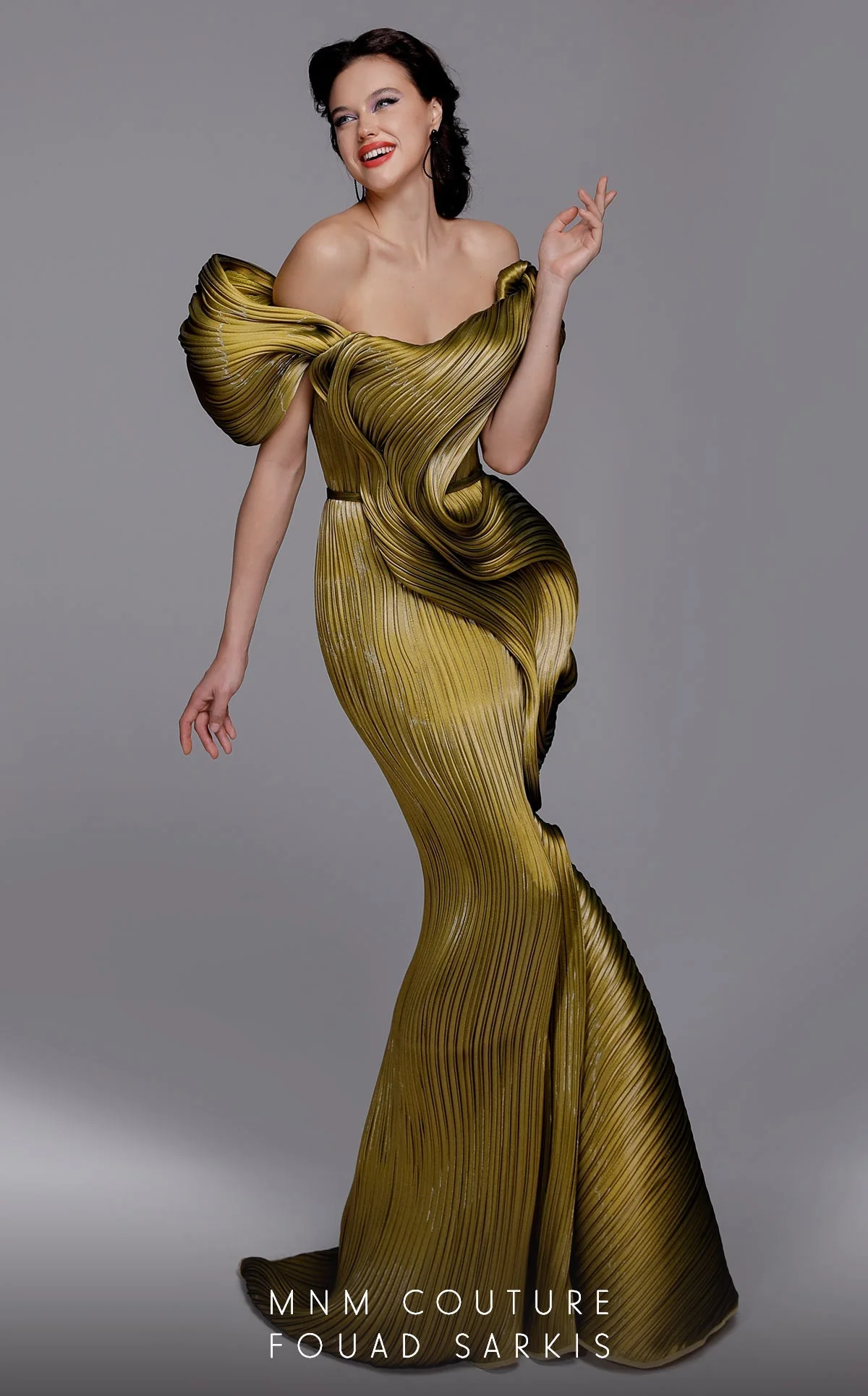 Fouad Sarkis 2730 Avant-Garde Sculpted Pleated Gown - Image 2