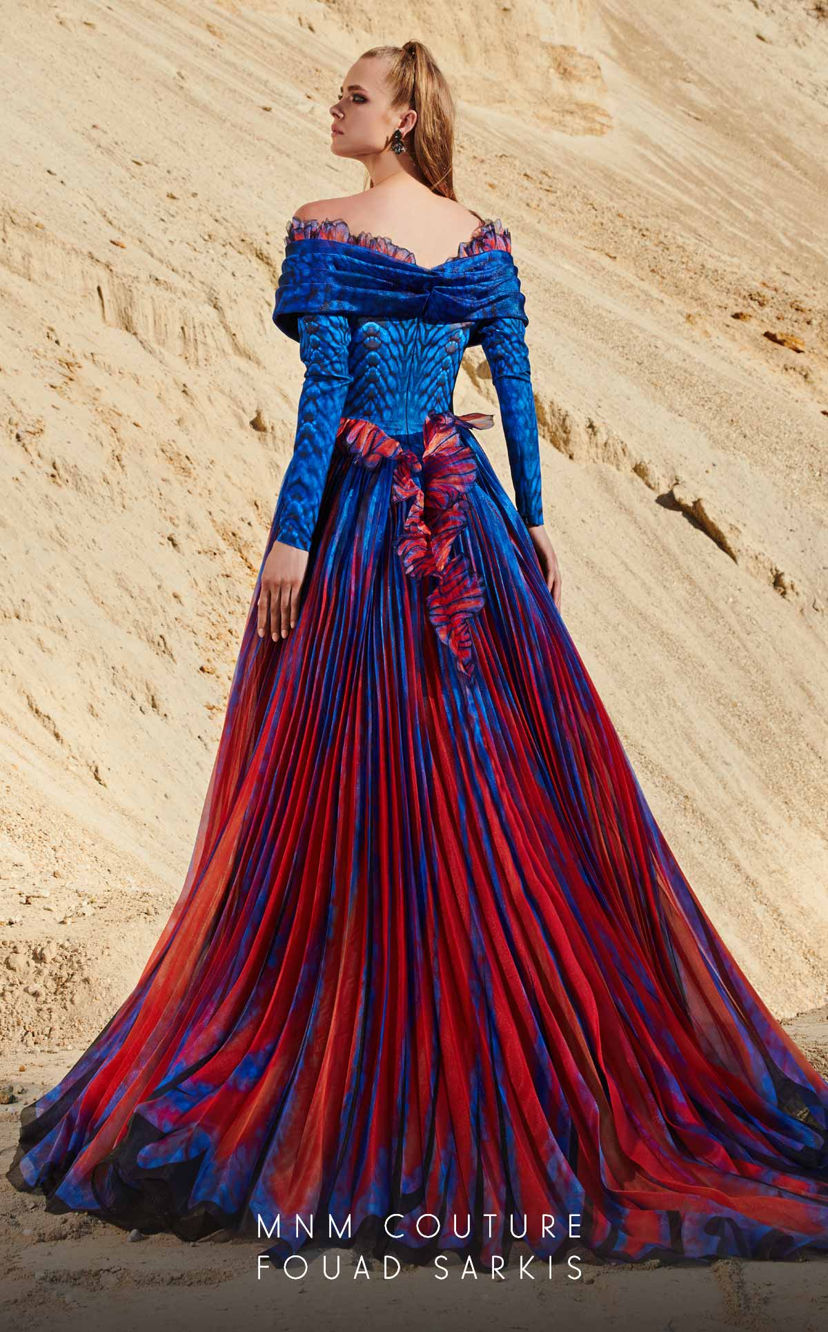Fouad Sarkis 2762 Off-Shoulder Gown with Flowing Cape Panels - Image 2