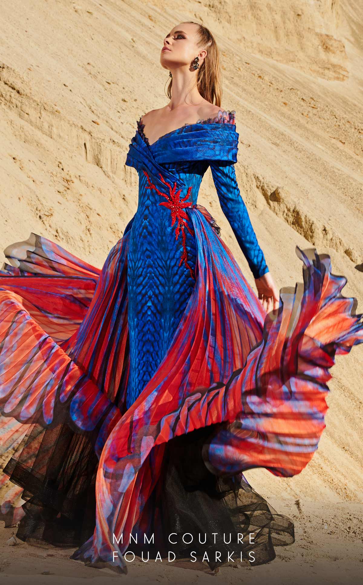 Fouad Sarkis 2762 Off-Shoulder Gown with Flowing Cape Panels - Image 3