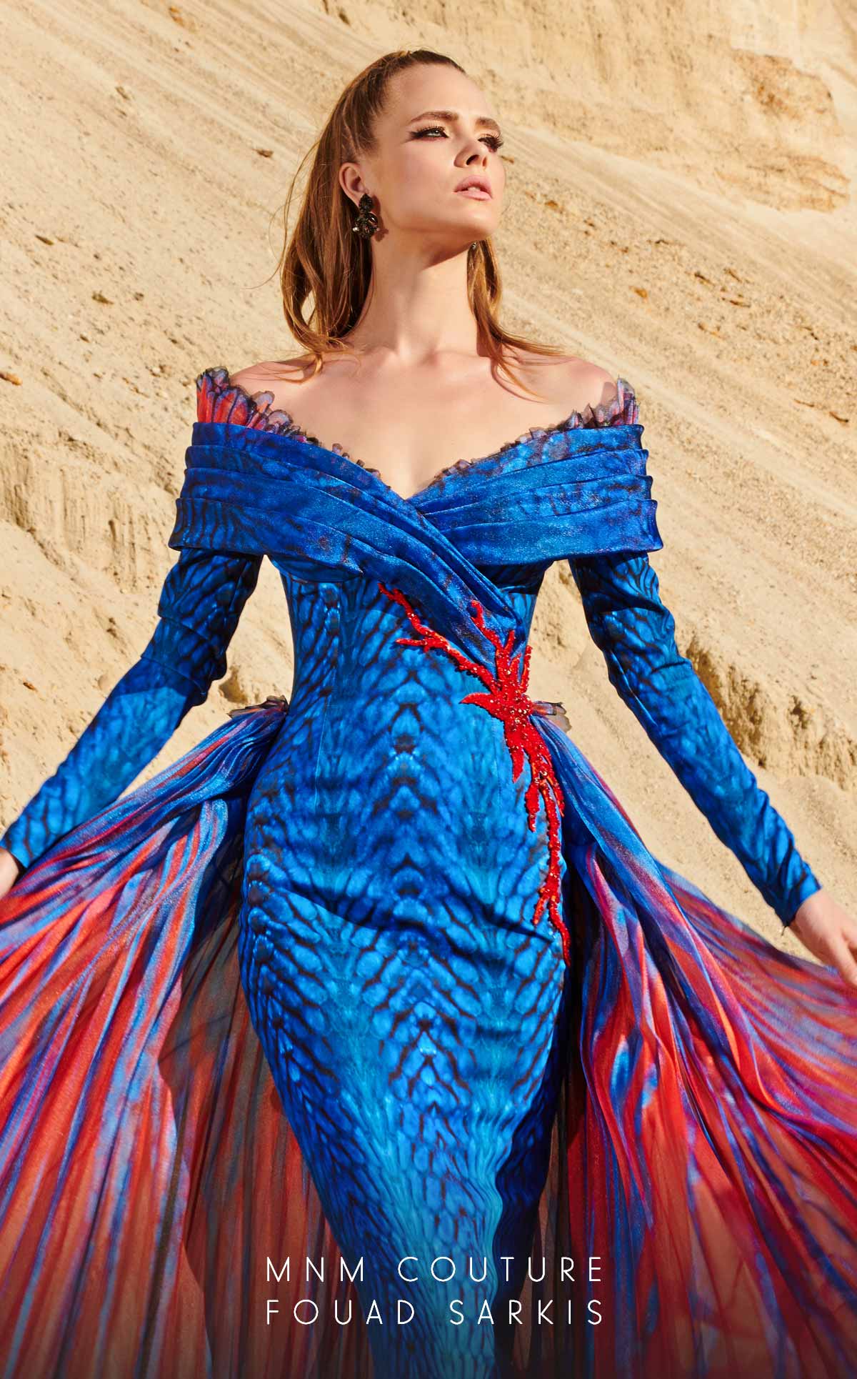 Fouad Sarkis 2762 Off-Shoulder Gown with Flowing Cape Panels - Image 4