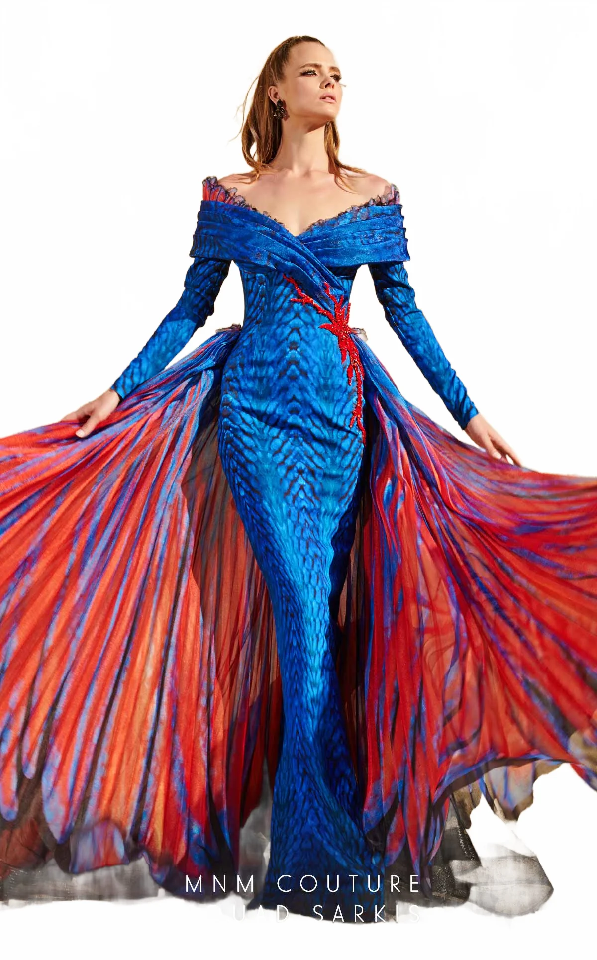 Fouad Sarkis 2762 Off-Shoulder Gown with Flowing Cape Panels - Image 5