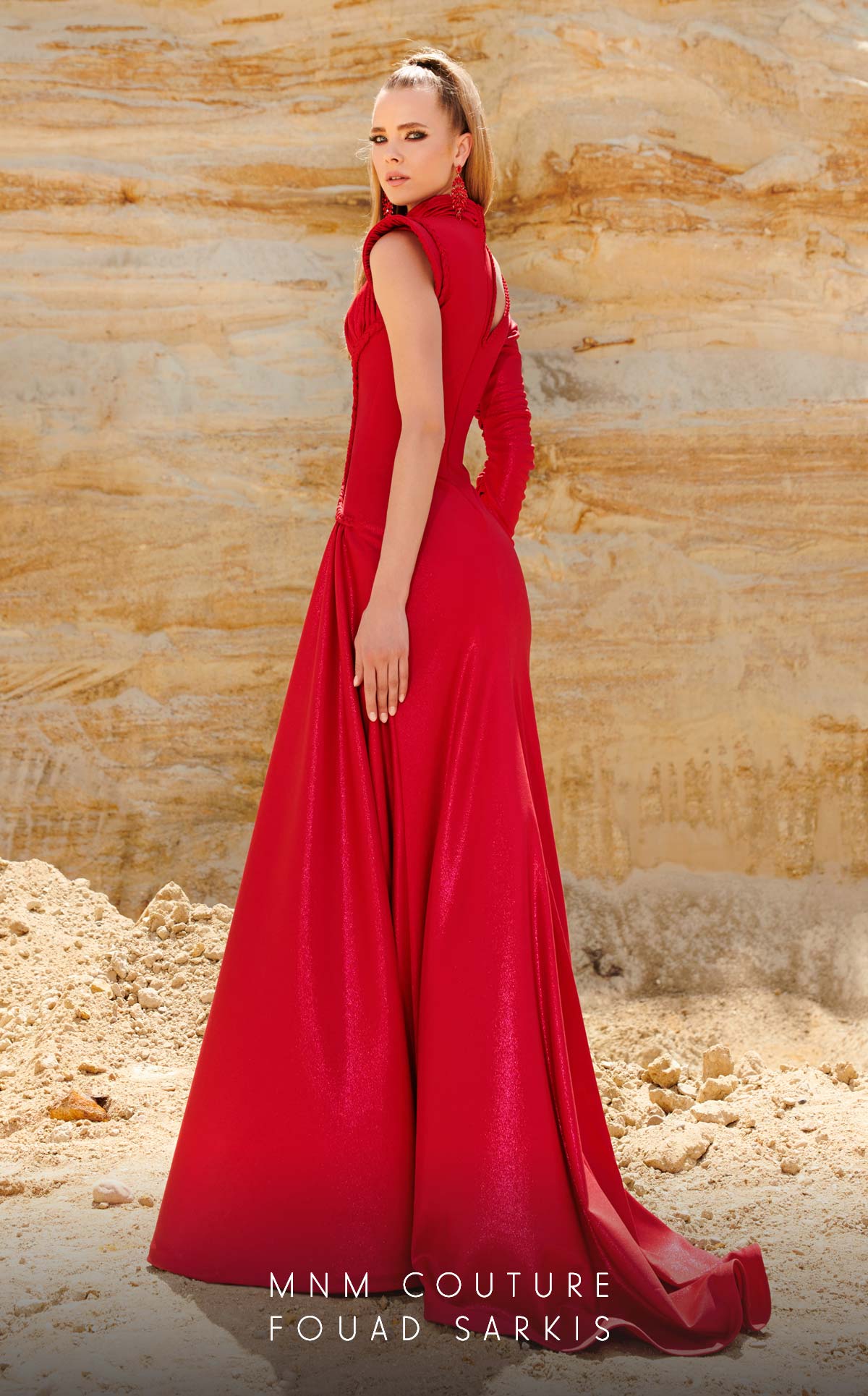 Fouad Sarkis 2764 High-Neck Ruched Gown with Slit - Image 2