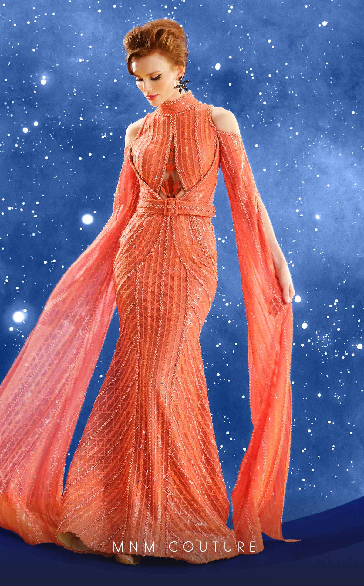 Fouad Sarkis Embroidered Mesh Gown with Cape Sleeves - Image 5