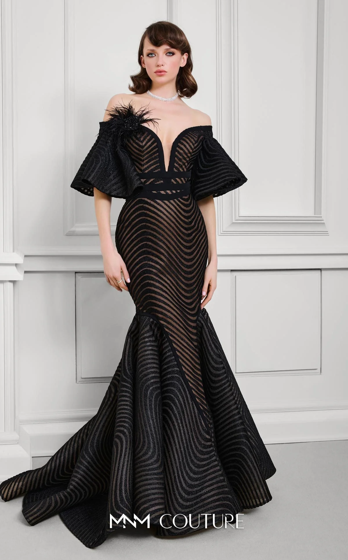 Fouad Sarkis F02925 Off-Shoulder Mesh Mermaid Gown in Black