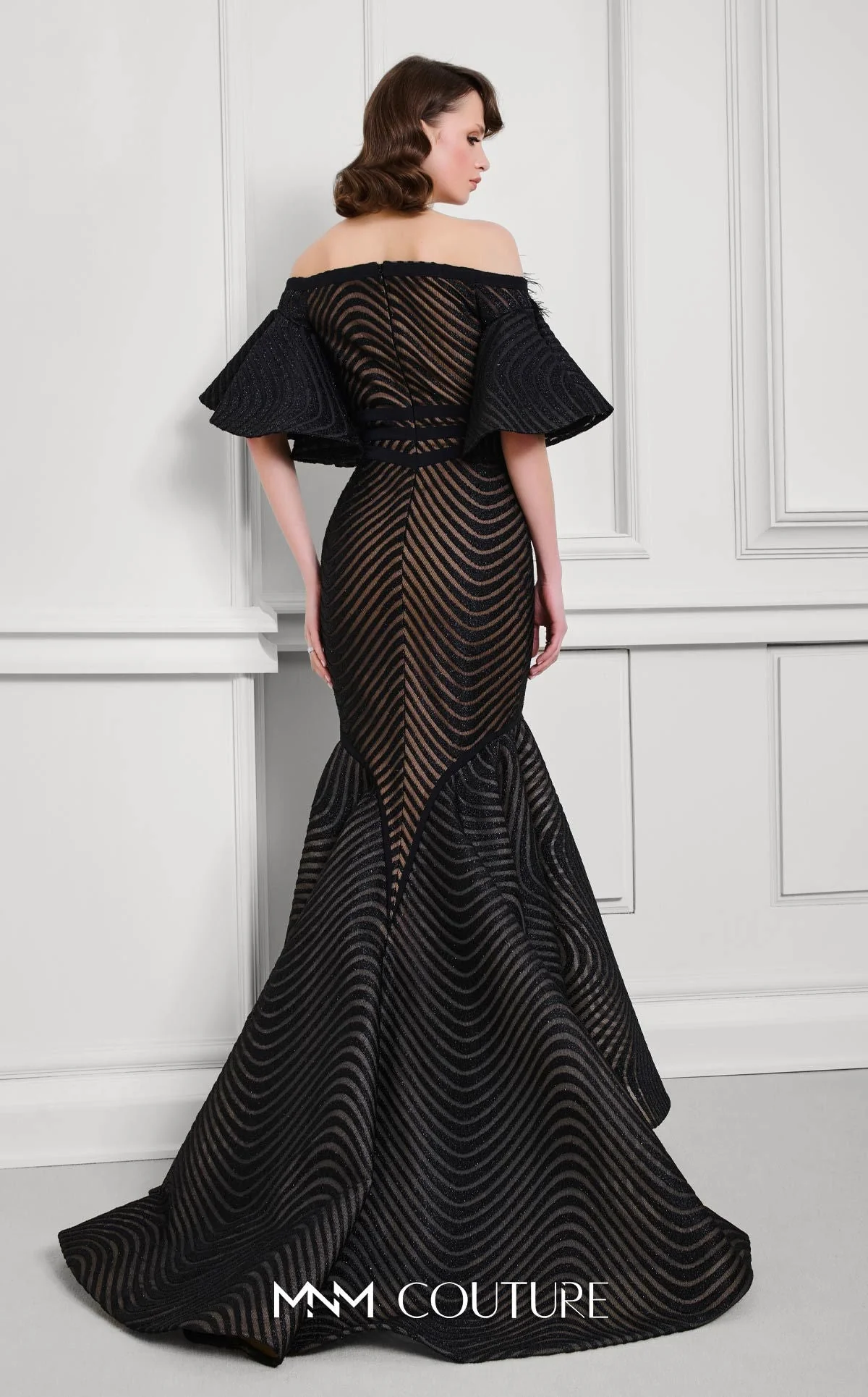 Fouad Sarkis F02925 Off-Shoulder Mesh Mermaid Gown in Black - Image 2