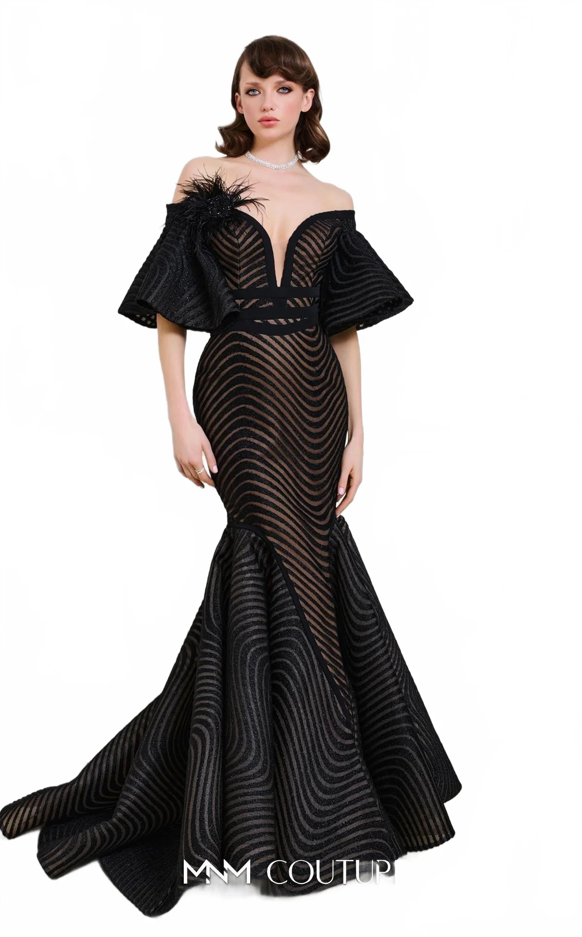 Fouad Sarkis F02925 Off-Shoulder Mesh Mermaid Gown in Black - Image 6