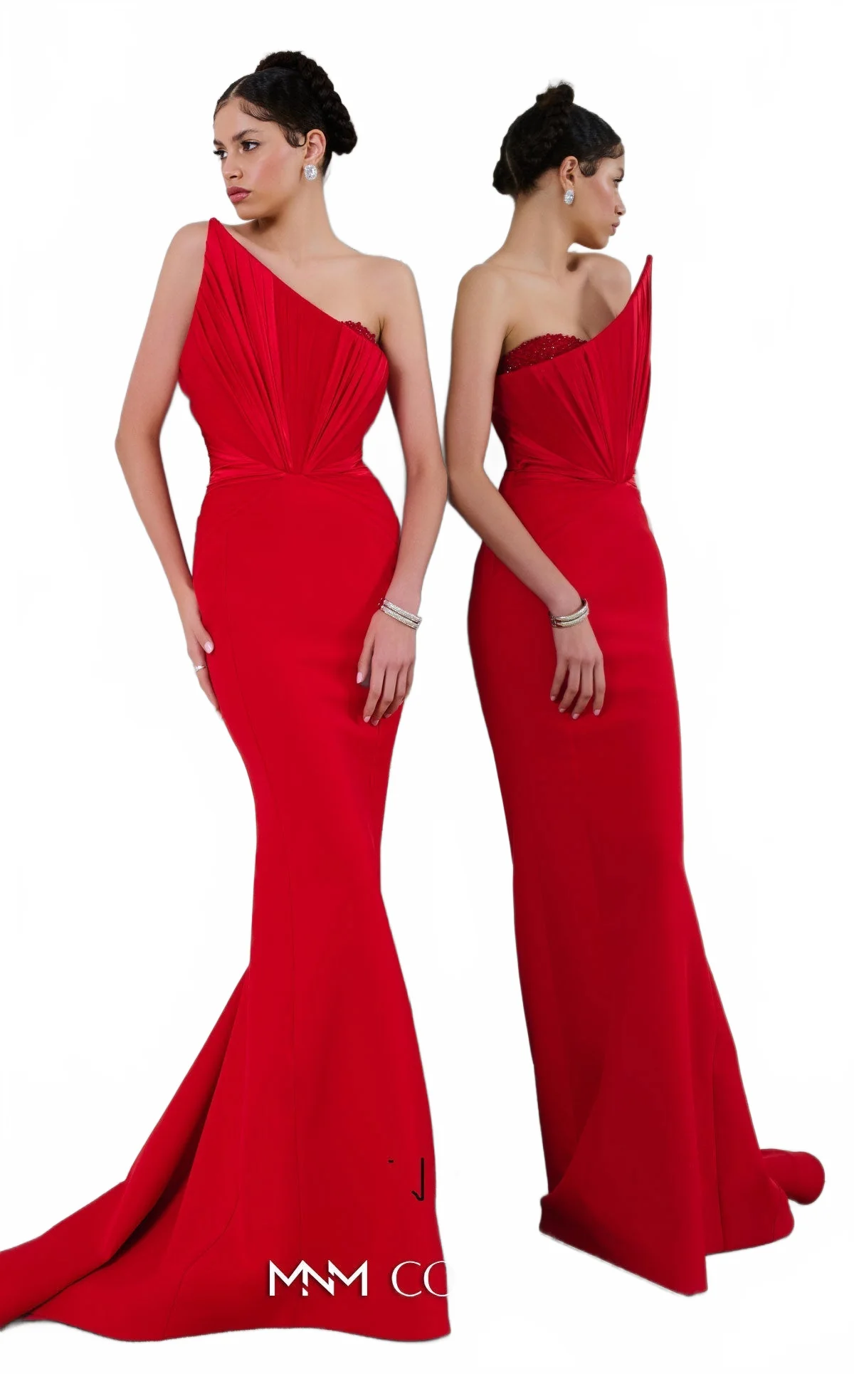 Fouad Sarkis F03100 Asymmetric Red Gown with Beaded Embroidery - Image 6