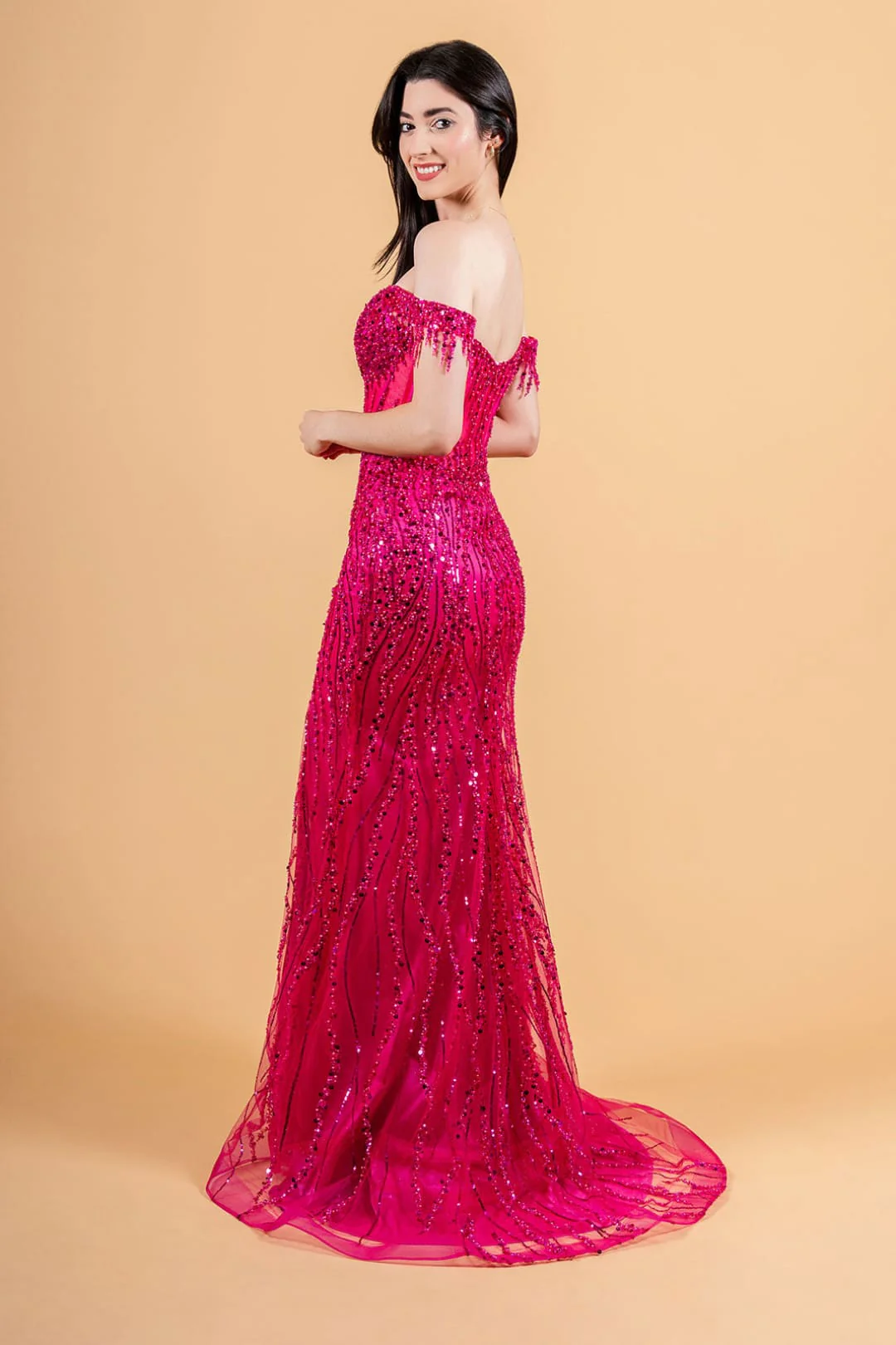 Fringe Off Shoulder Gown by Elizabeth KGL3620 - Image 10