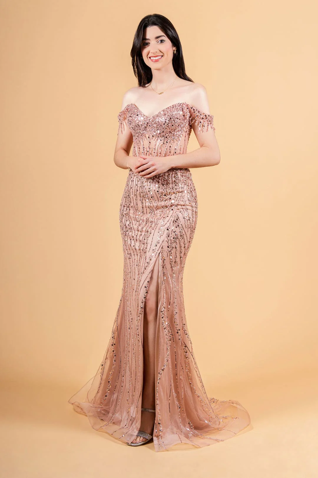 Fringe Off Shoulder Gown by Elizabeth KGL3620 - Image 13