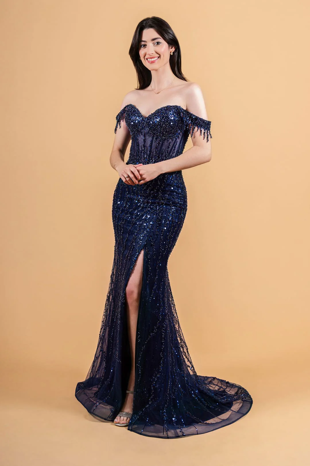 Fringe Off Shoulder Gown by Elizabeth KGL3620 - Image 17