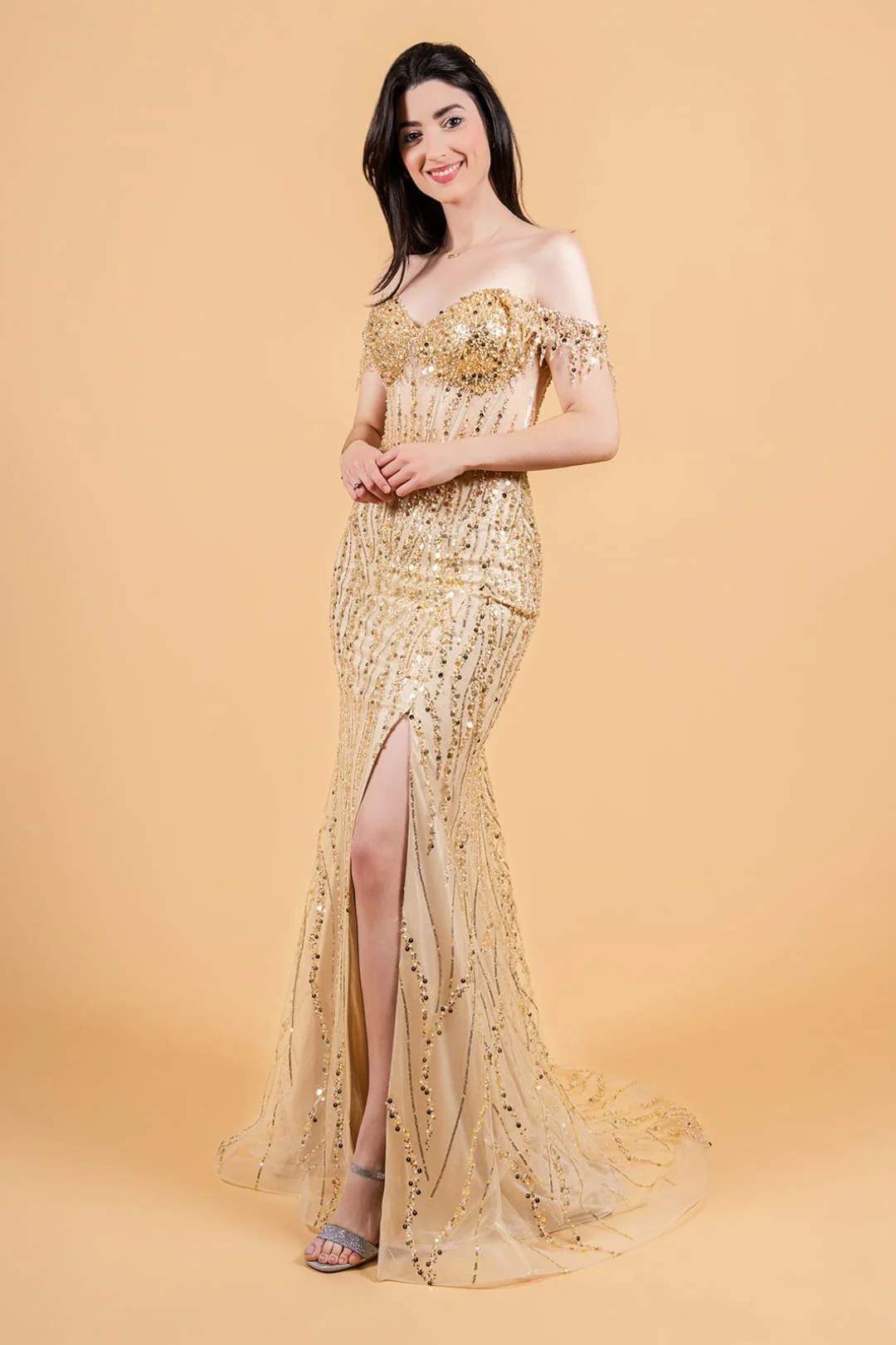 Fringe Off Shoulder Gown by Elizabeth KGL3620 - Image 25