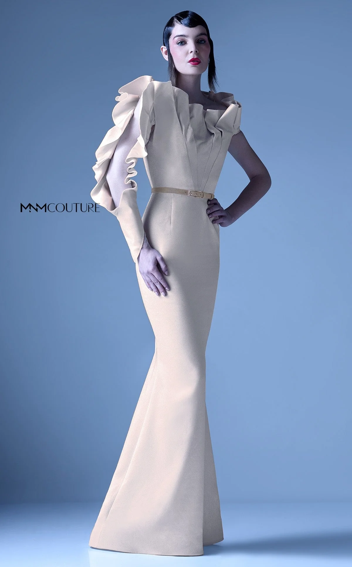 MNM Couture Gaby Charbachy G0934 Silver One-Sleeve Ruffle Evening Dress - Image 5