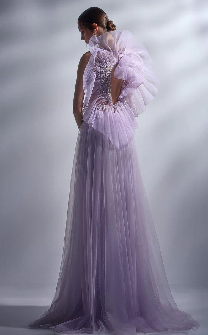 Gaby Charbachy G1284 Lilac Asymmetrical Glitter A-Line Gown by MNM Couture - Image 2