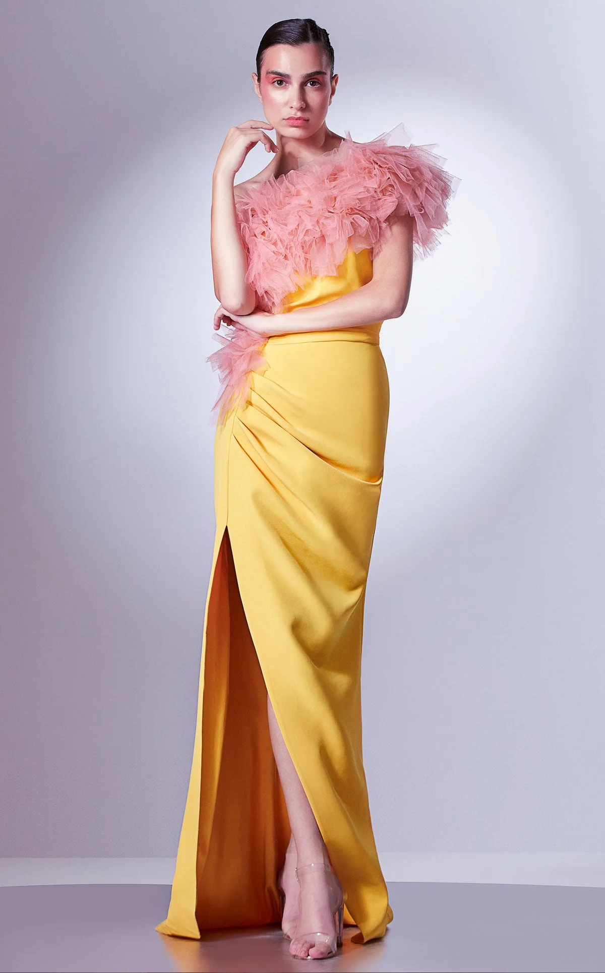 Gaby Charbachy G1301 Yellow One-Shoulder Ruffled Gown by MNM Couture
