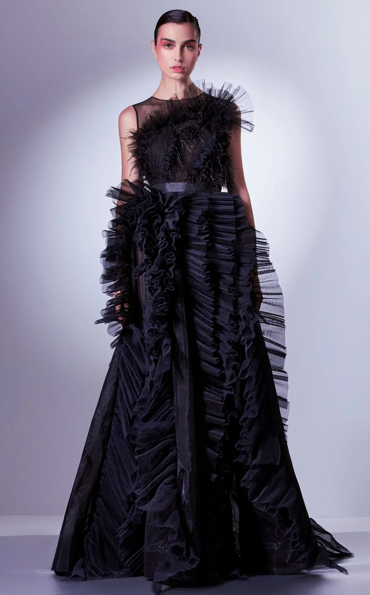 MNM Couture Gaby Charbachy G1305 Black Tulle A-Line Evening Gown