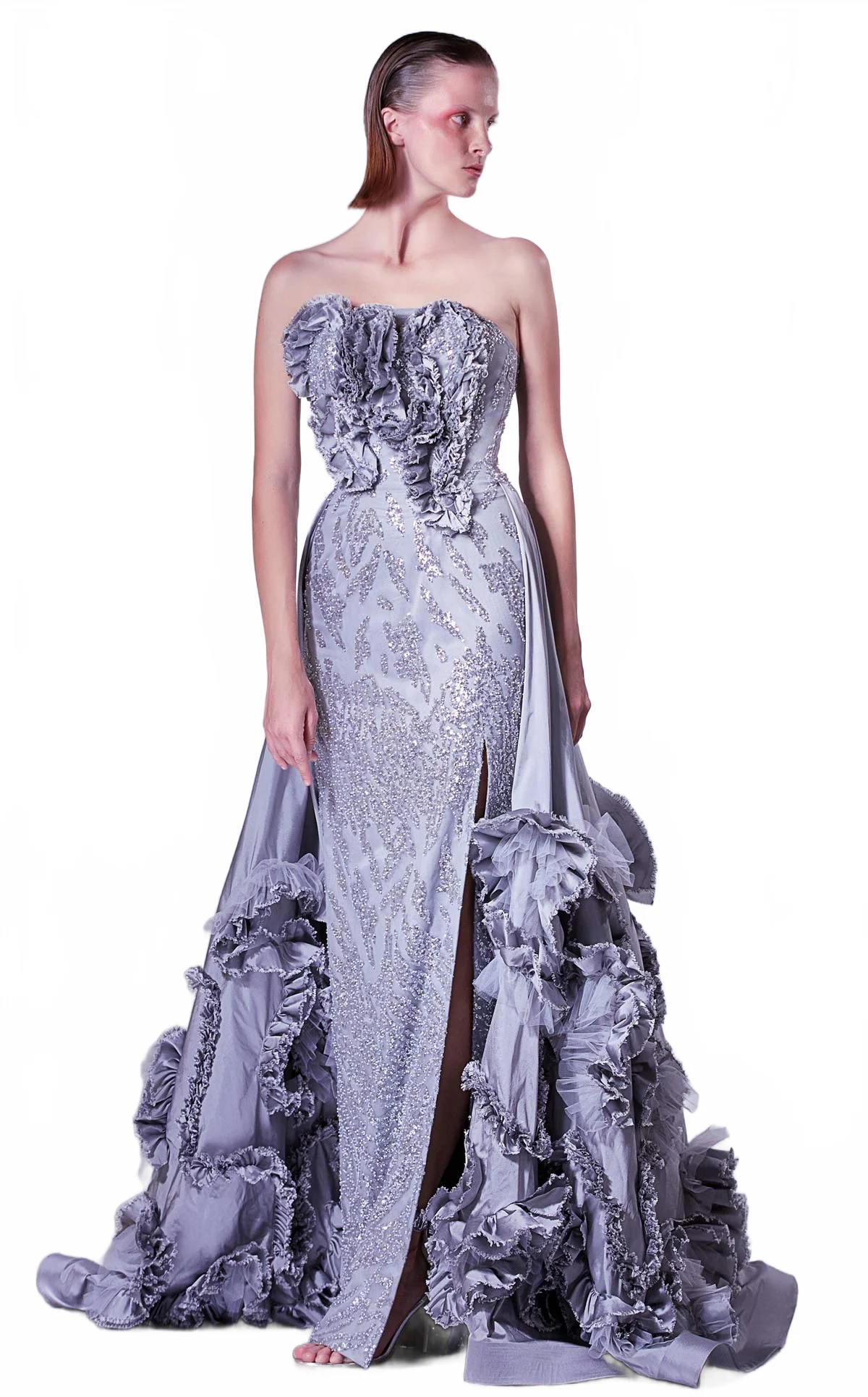 Gaby Charbachy G1330 Silver Strapless Sequined Gown with Overskirt by MNM Couture - Image 2