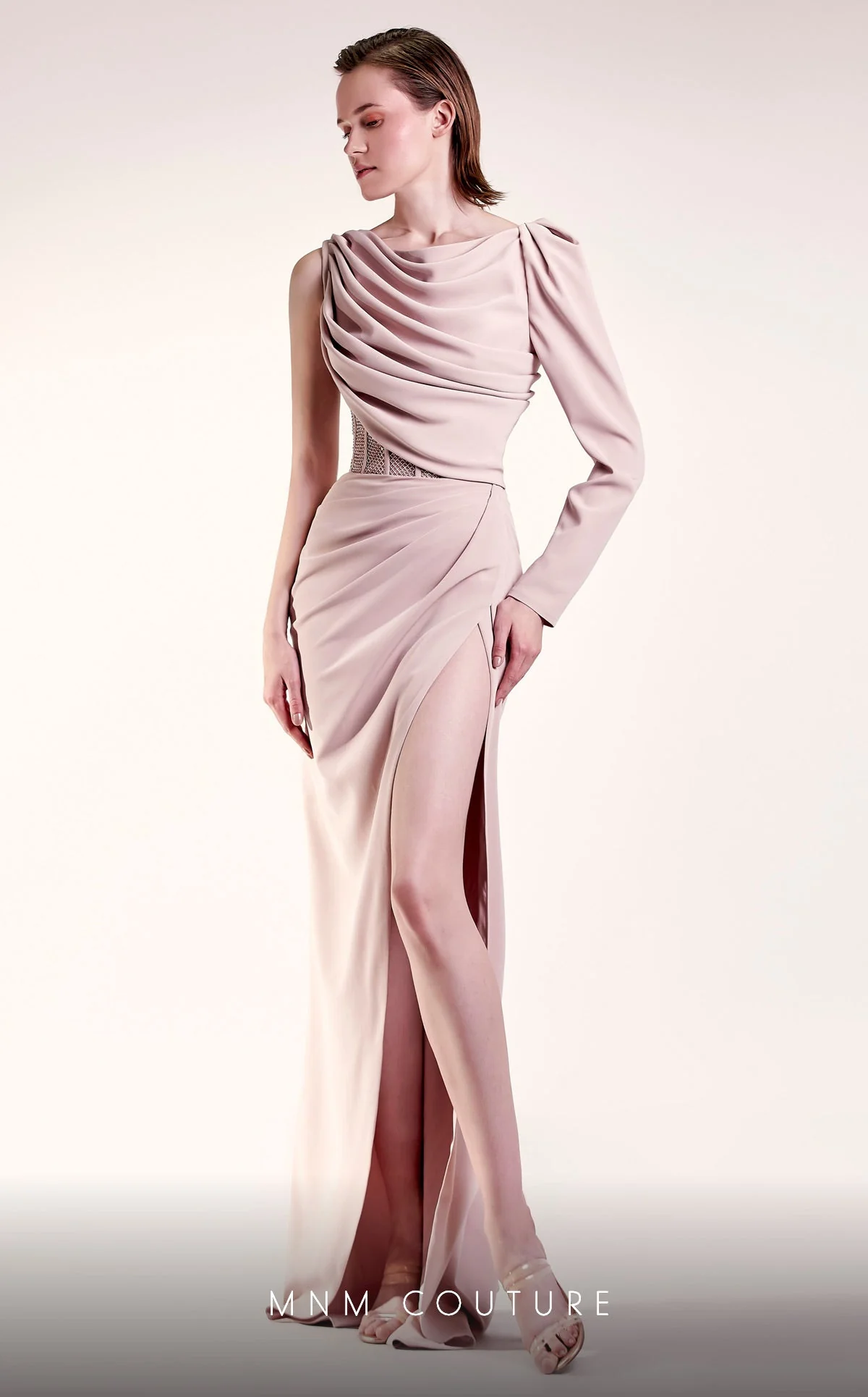 Gaby Charbachy G1408 One-Shoulder Pink Slit Gown by MNM Couture