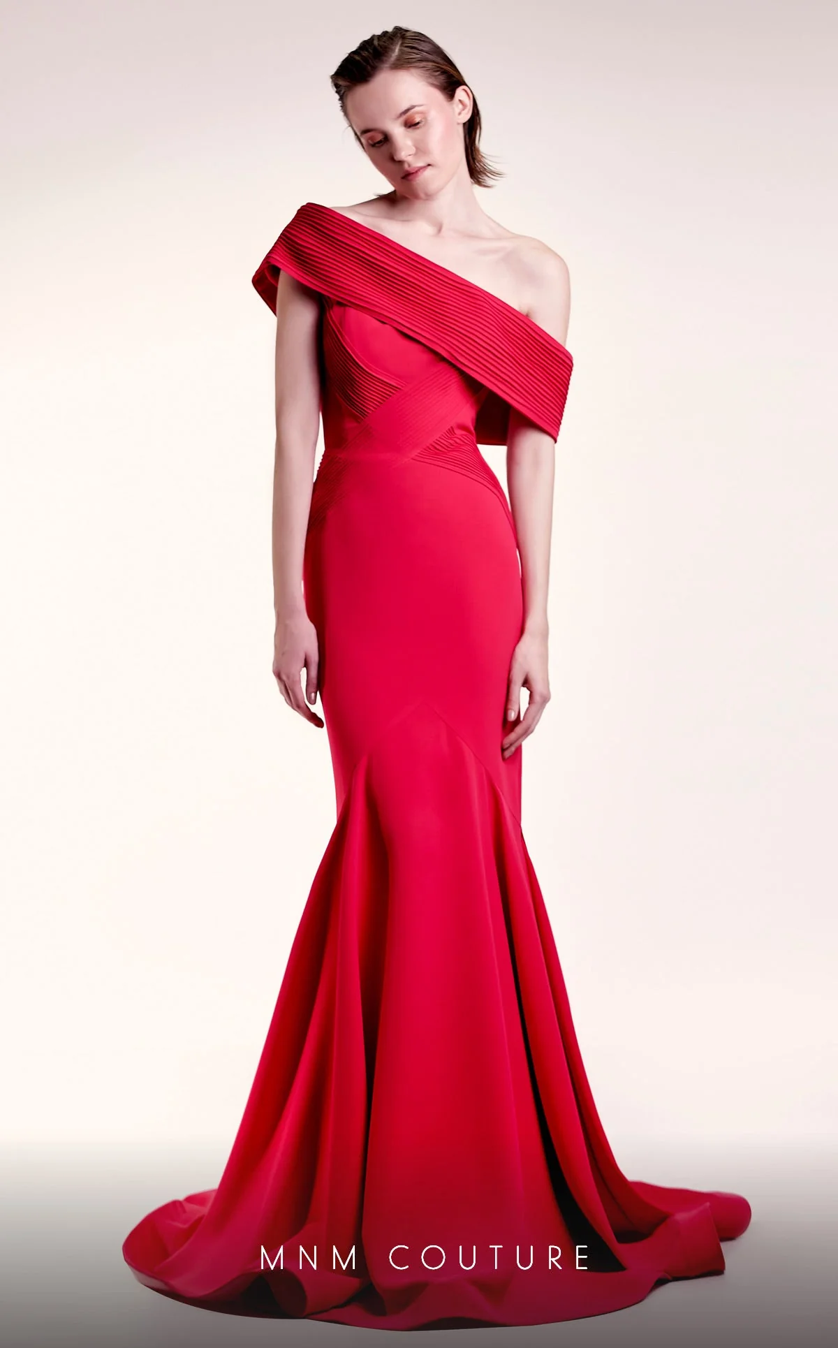 Gaby Charbachy G1430 Off-Shoulder Pleated Mermaid Evening Gown in Fuchsia by MNM Couture