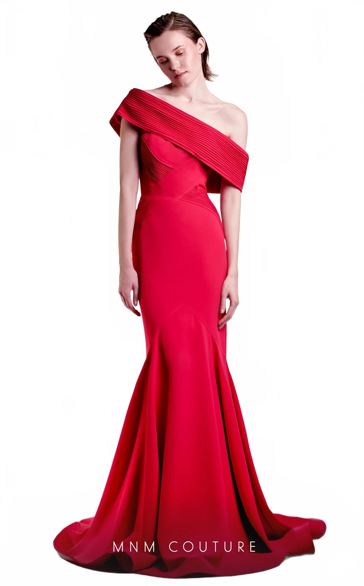 Gaby Charbachy G1430 Off-Shoulder Pleated Mermaid Evening Gown in Fuchsia by MNM Couture - Image 2