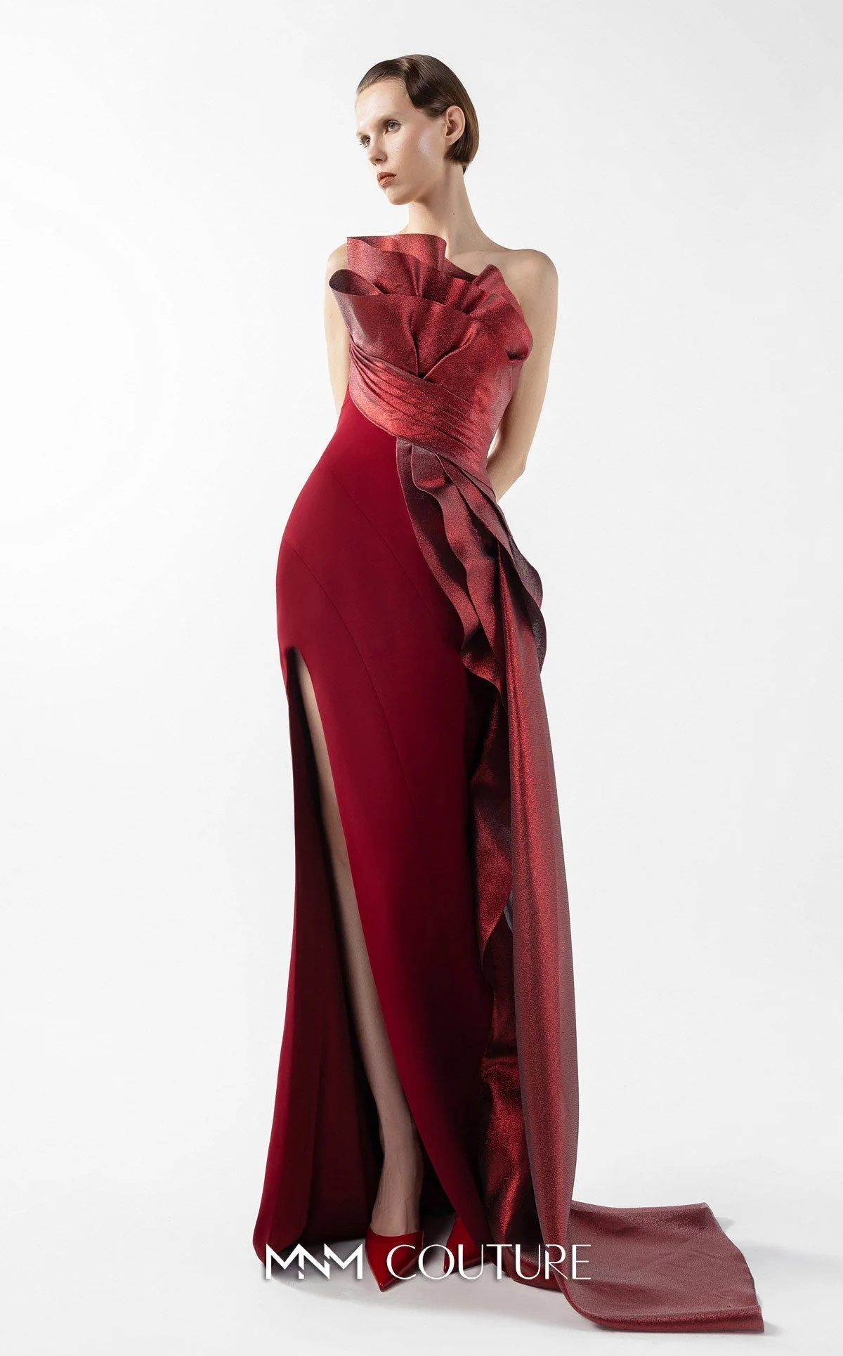 Gaby Charbachy G2037 Burgundy Off-Shoulder Slit Gown by MNM Couture