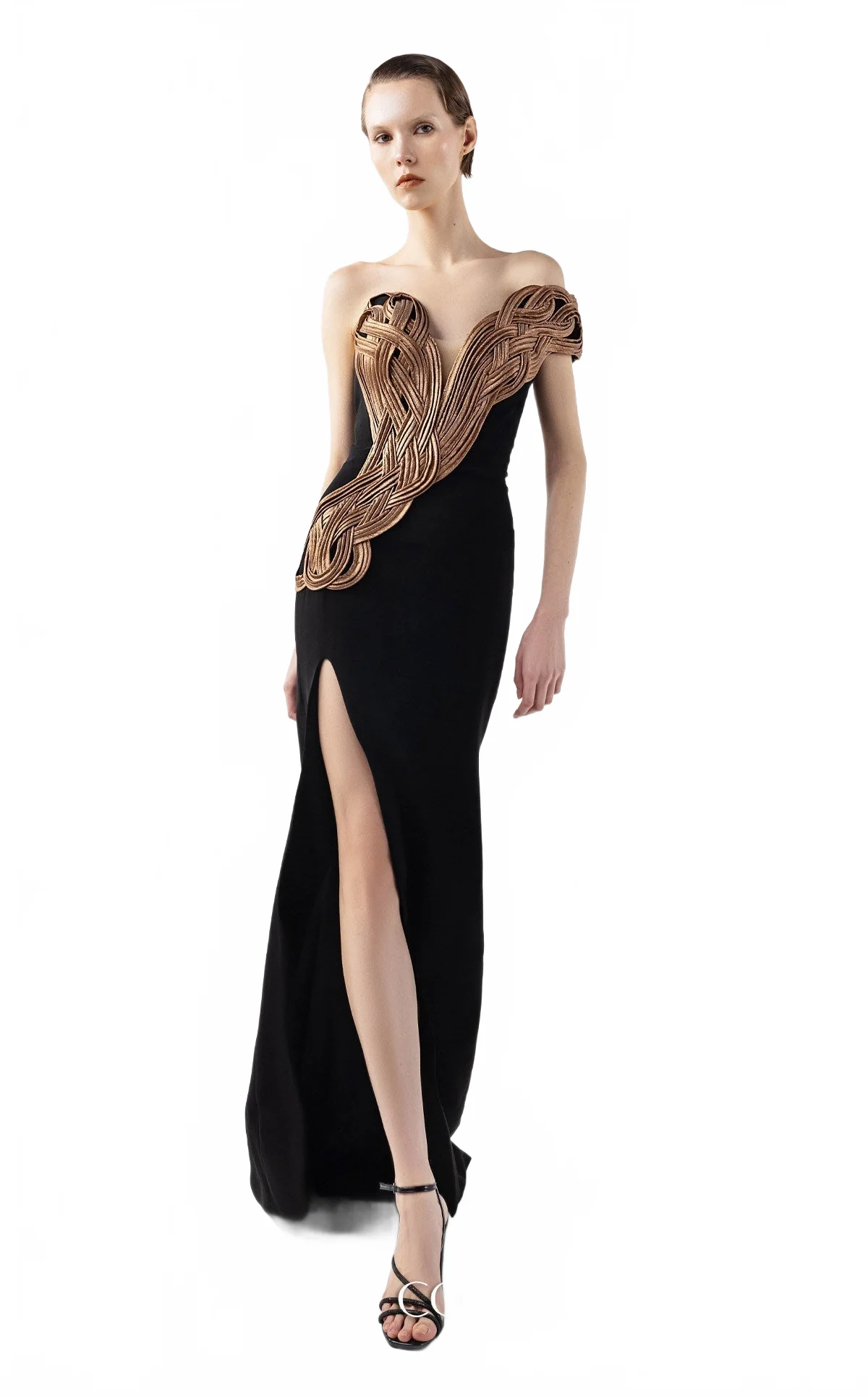 Gaby Charbachy G2043 Black Crepe Off-Shoulder Couture Evening Gown by MNM Couture - Image 3