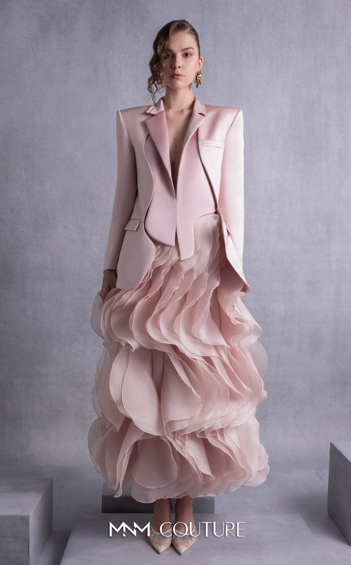 Gaby Charbachy Plunging Blazer Gown with Ruffled High-Low Skirt in Pink
