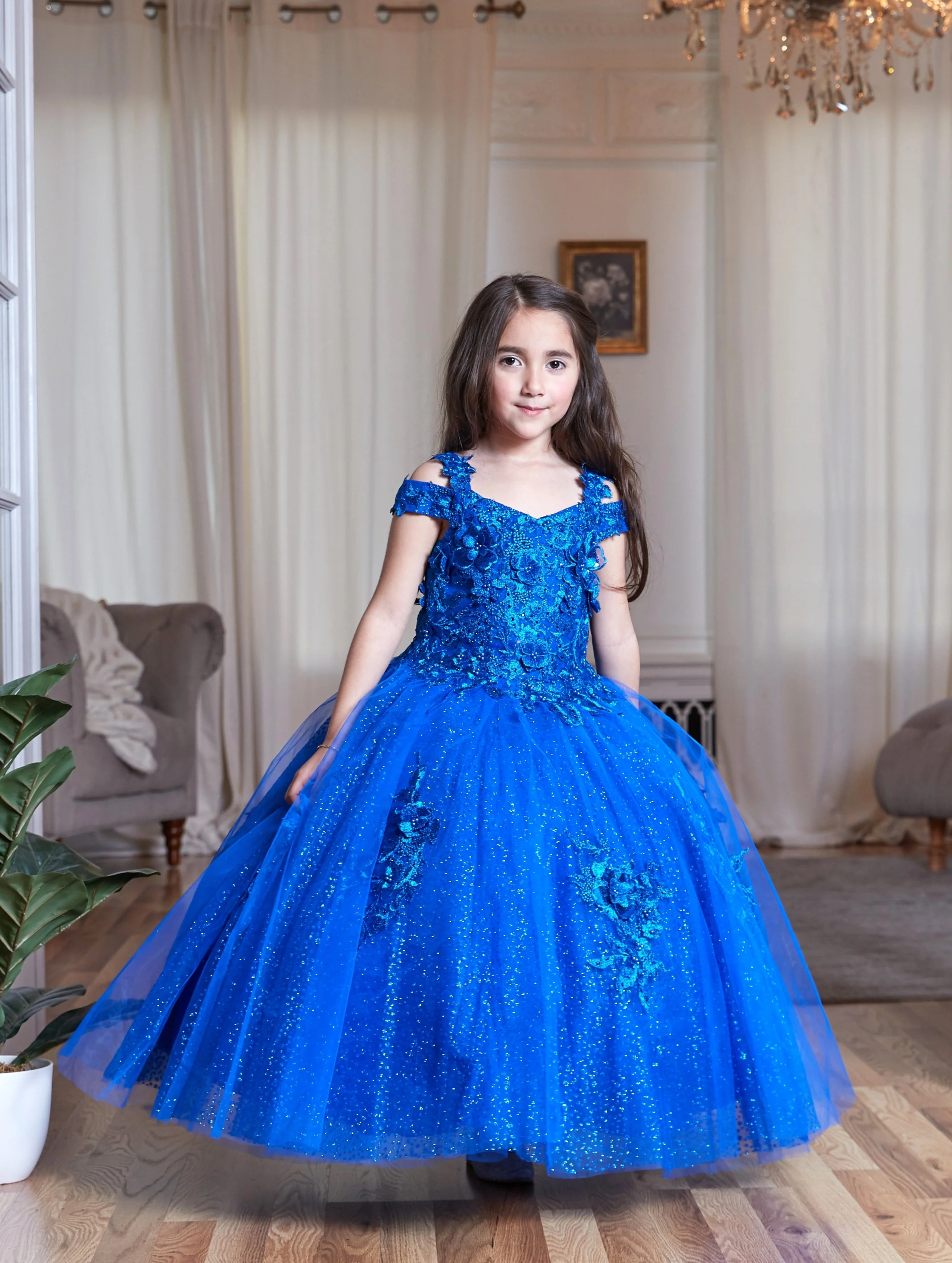Calla KY234 Girls 3D Floral Off Shoulder Glitter Gown - Image 3