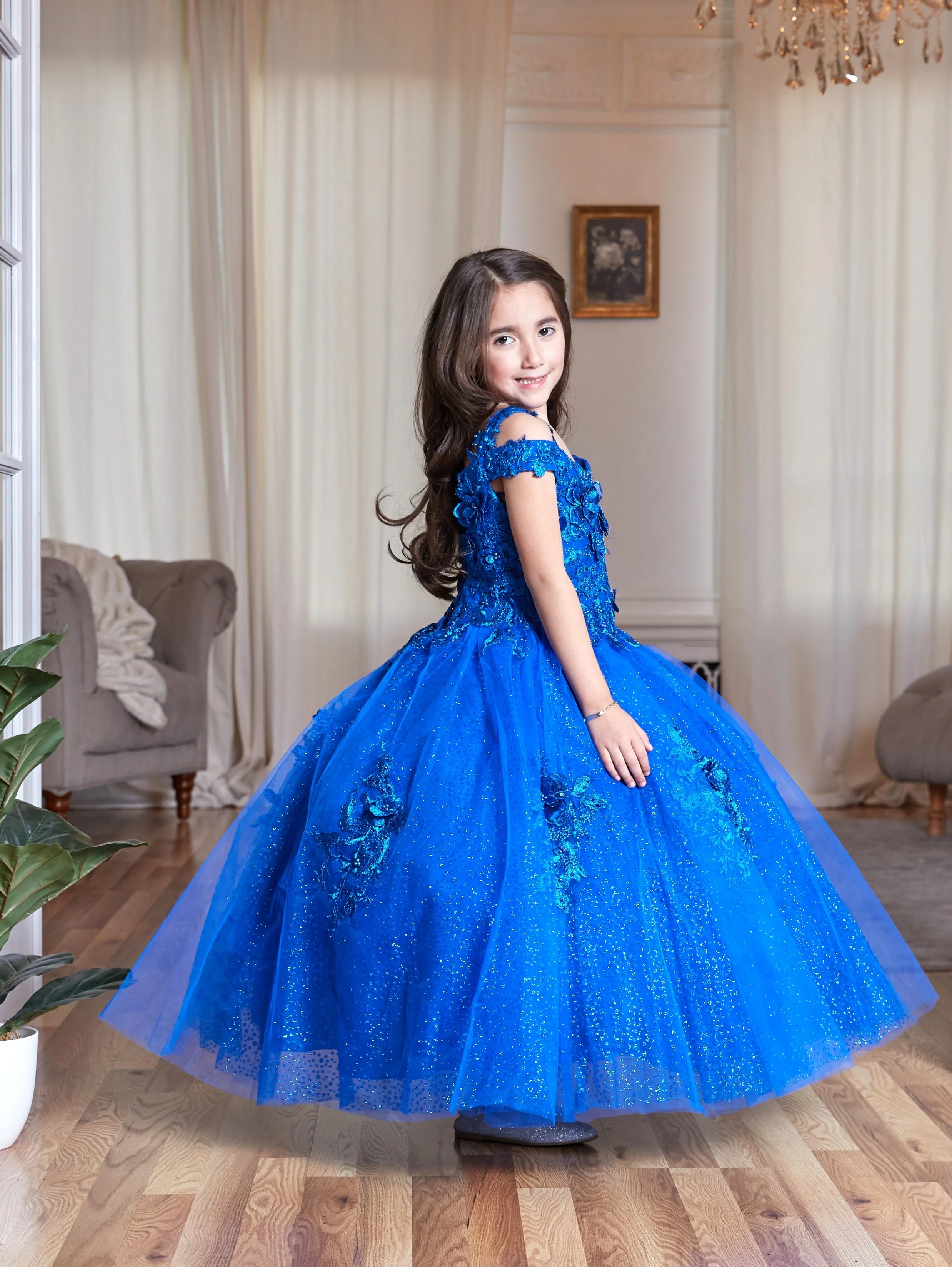 Calla KY234 Girls 3D Floral Off Shoulder Glitter Gown - Image 4