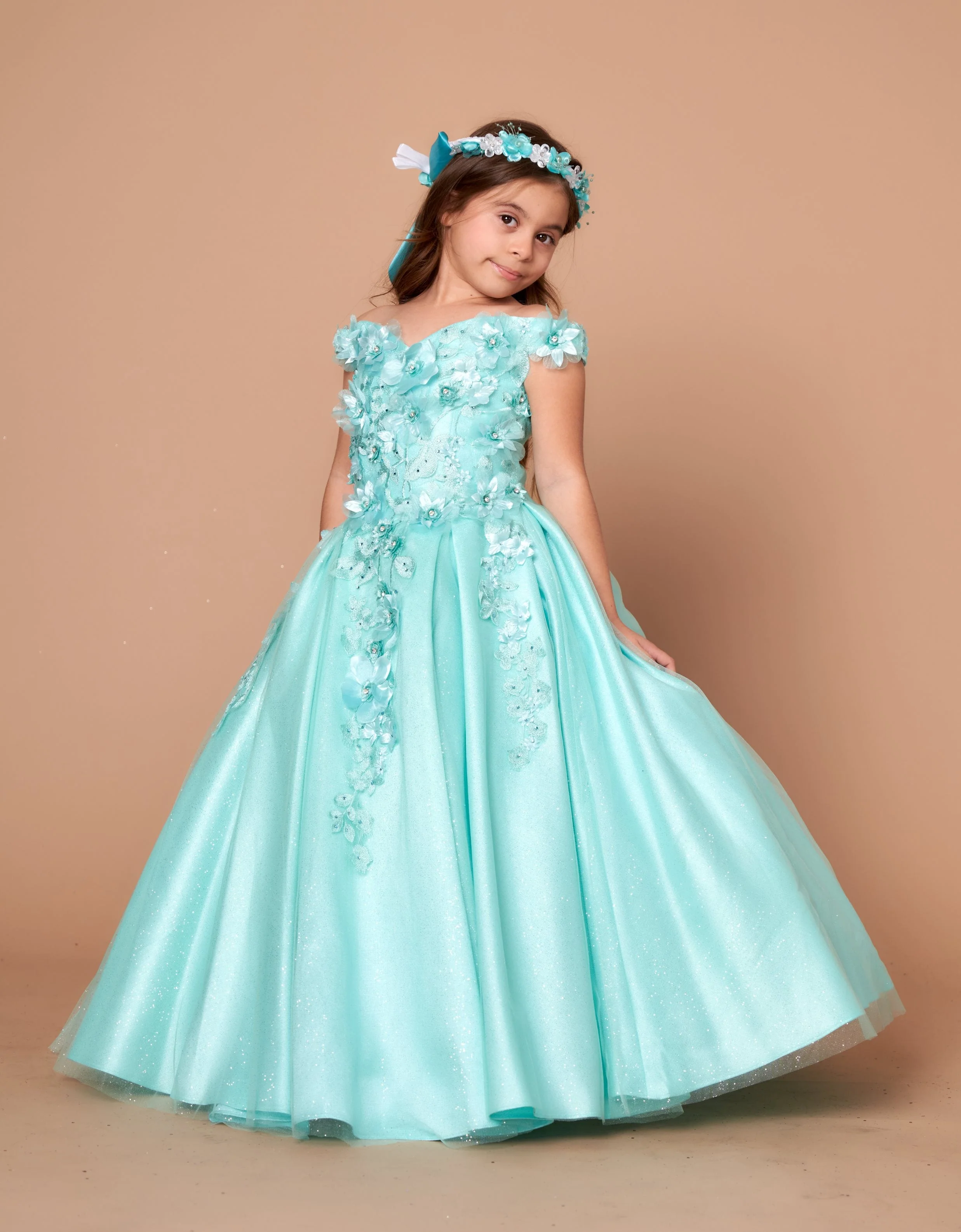 Girls 3D Floral Off-Shoulder Gown by Calla WB101